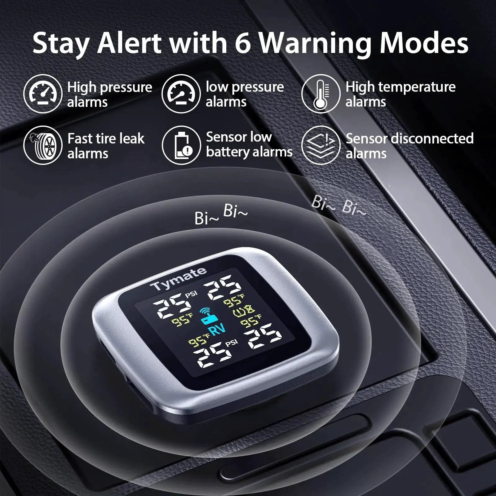 TM7 Wireless Tire Pressure Monitoring System With 4 External Sensors And 6 Alarm Modes displayed on a colorful screen.