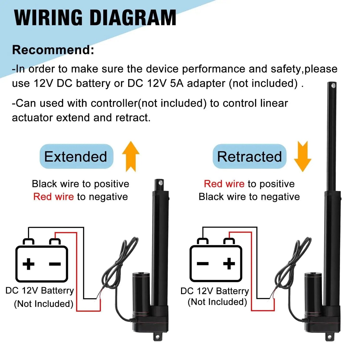 Wiring diagram for Heavy Duty 12V Linear Actuator With 8 Inch Stroke showing extended and retracted states with battery connection.