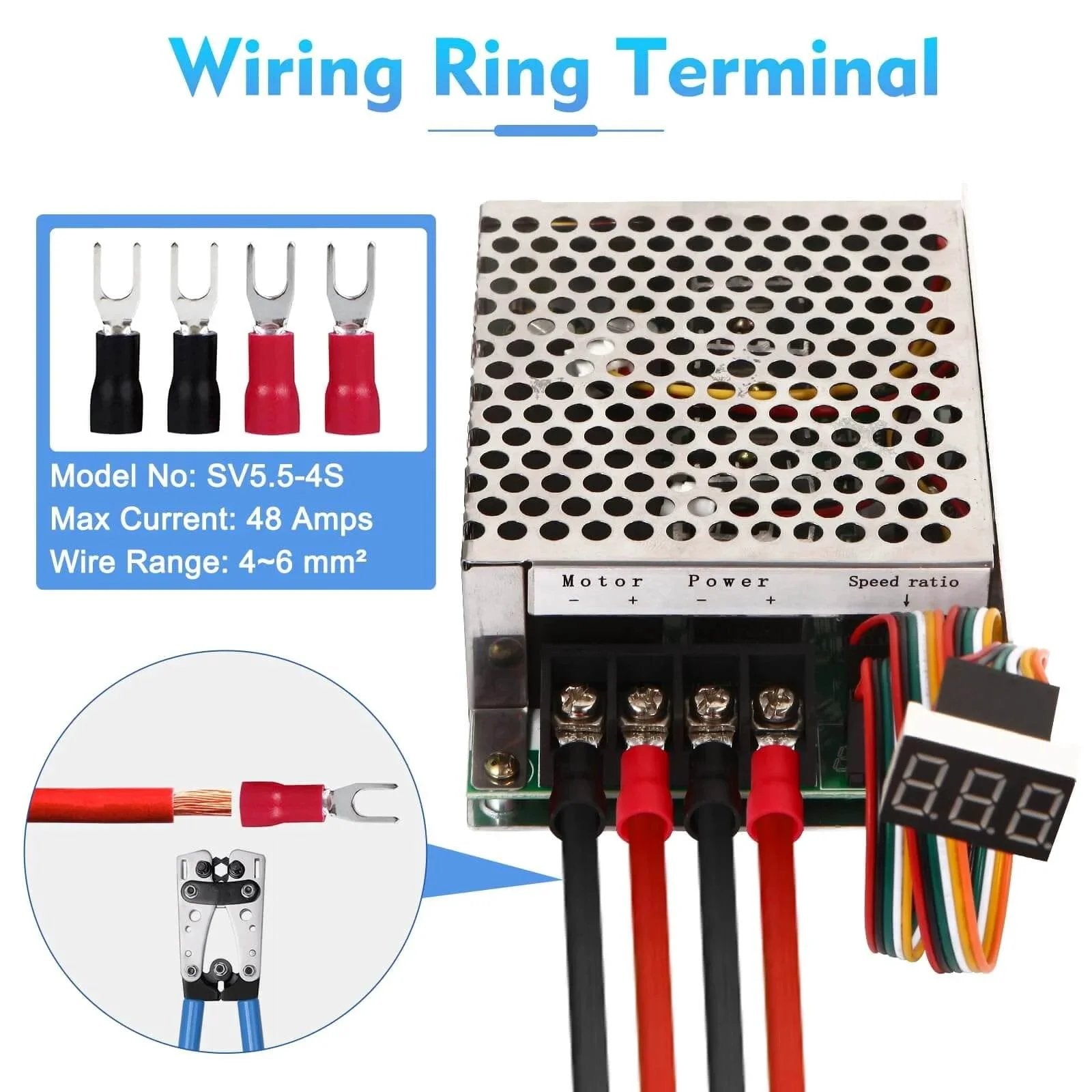 Wiring ring terminal set with DC Motor Speed Controller, DC 10-55V / Rated 40A, LED Display Stepless DC Motor Speed Controller