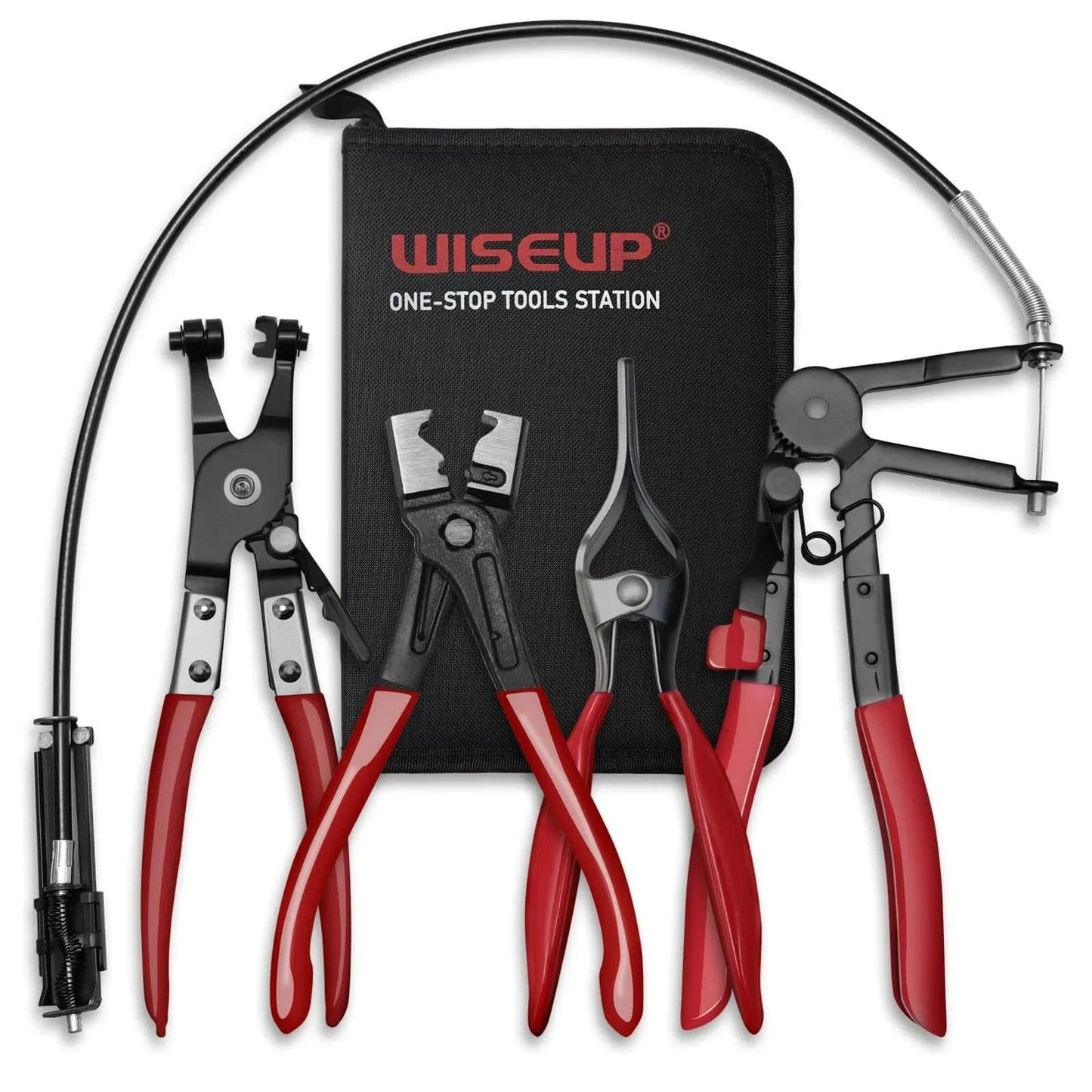 WiseUp 4 Piece Hose Clamp Pliers Set Including 27 Inch Long Reach Spring Clamp Pliers Clic R Type Pliers Hose Remover And Flat Band Clamp Tool For Automotive Fuel Oil Coolant And Radiator Hoses displayed with case