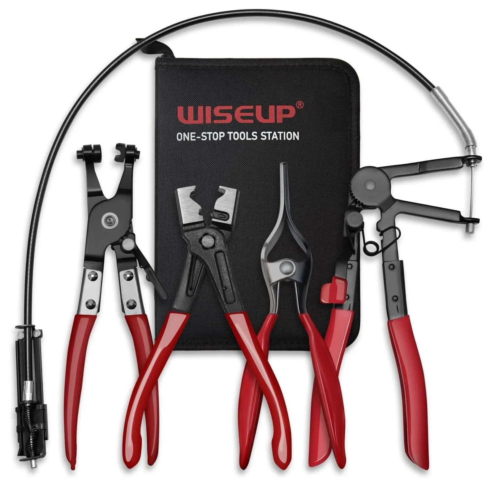 WiseUp 4 Piece Hose Clamp Pliers Set Including 27 Inch Long Reach Spring Clamp Pliers Clic R Type Pliers Hose Remover And Flat Band Clamp Tool For Automotive Fuel Oil Coolant And Radiator Hoses displayed with case