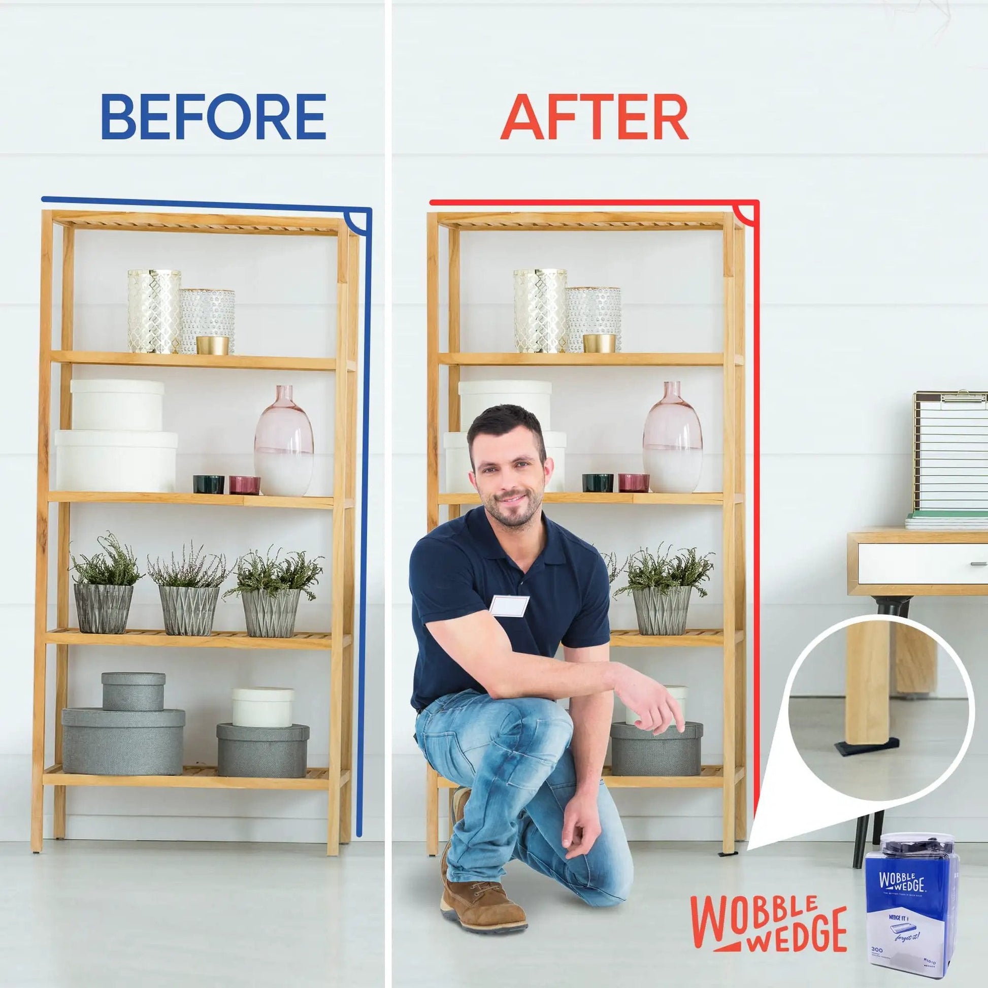 Rigid Plastic Shims For Leveling 300 Pack Made In USA used to stabilize uneven shelf with man kneeling beside