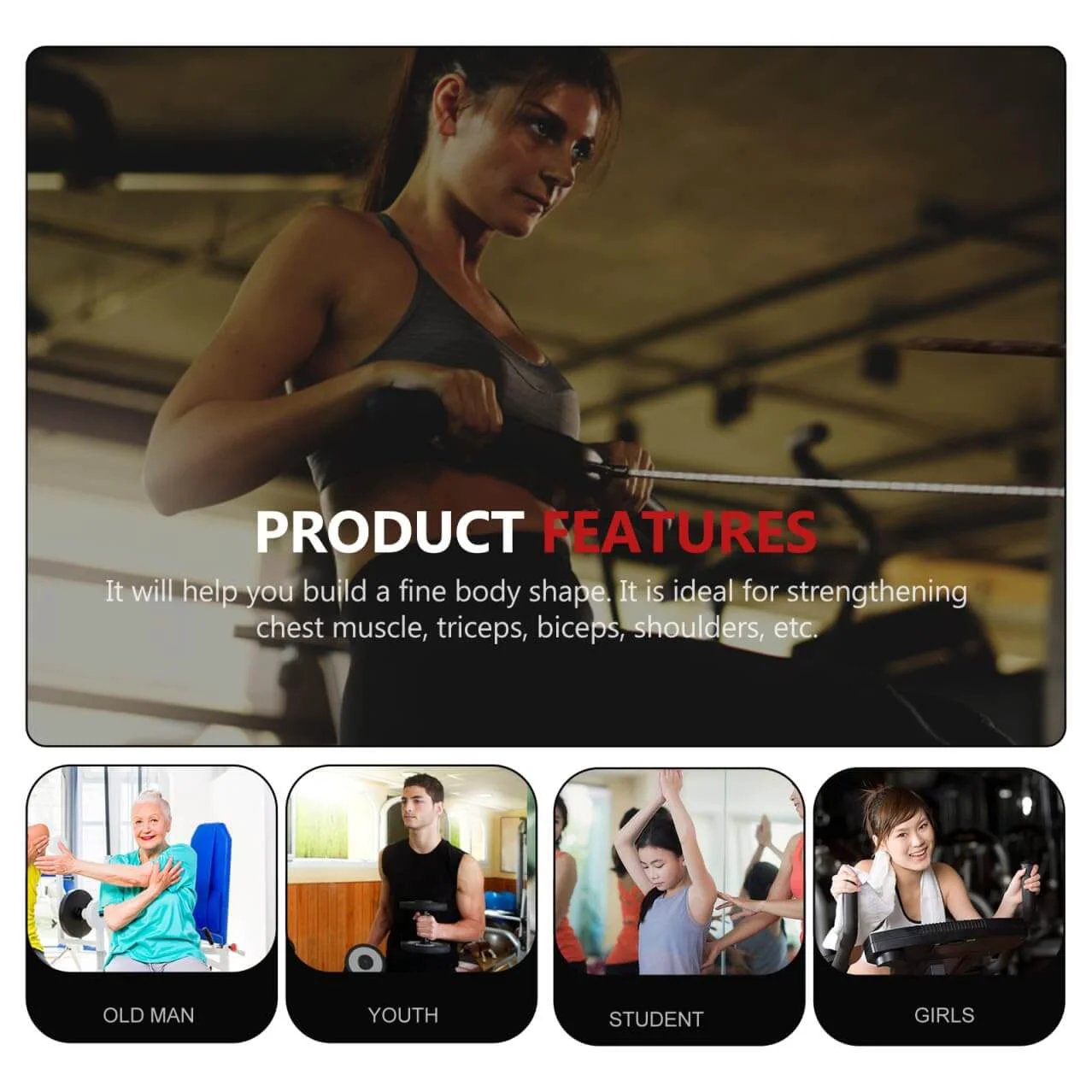 People using fitness equipment for strength training in various settings, showing versatility of gym gear for all ages and genders.