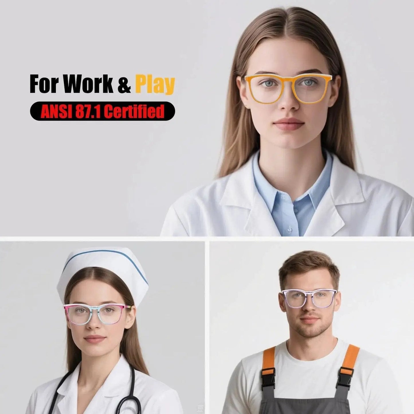 Women wearing ANSI Z87.1 certified Women Safety Glasses Anti Fog UV Blue Light Blocking Eye Protection Goggles in professional settings.