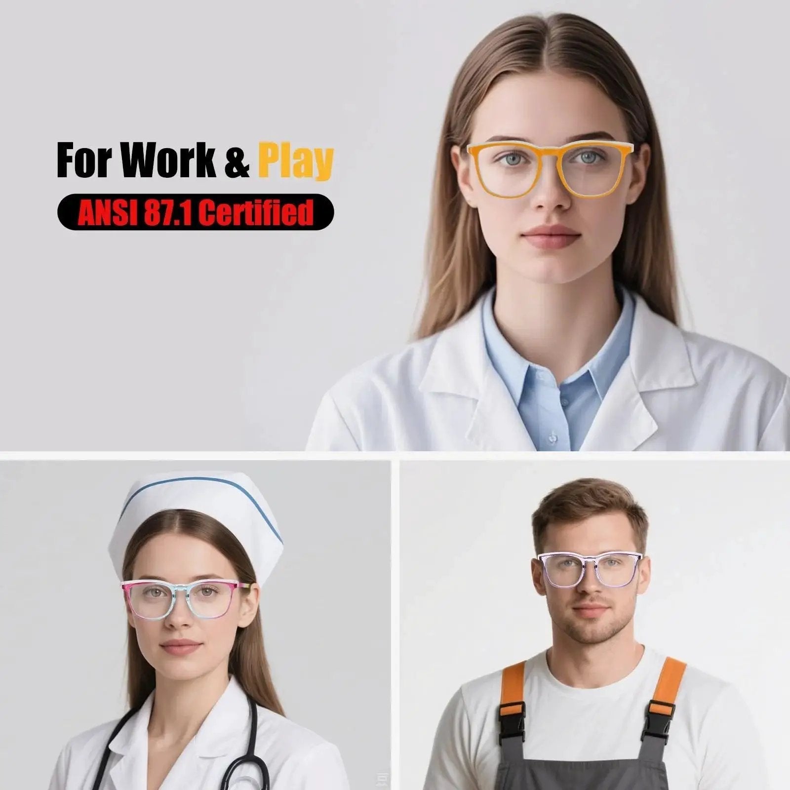 Women wearing ANSI Z87.1 certified Women Safety Glasses Anti Fog UV Blue Light Blocking Eye Protection Goggles in professional settings.