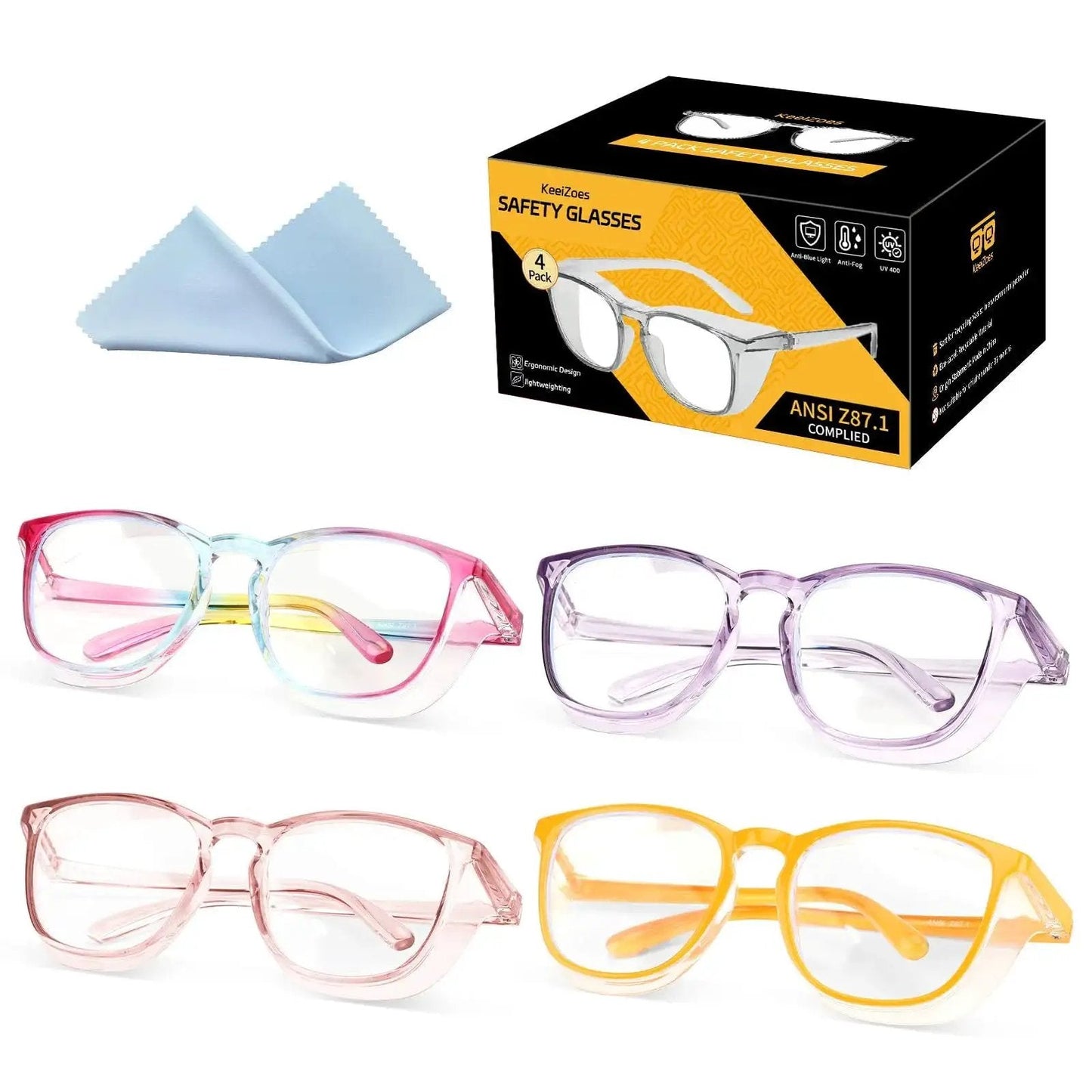 4-pack of women's safety glasses, anti-fog UV blue light blocking goggles in various colors, with cleaning cloth and box packaging.