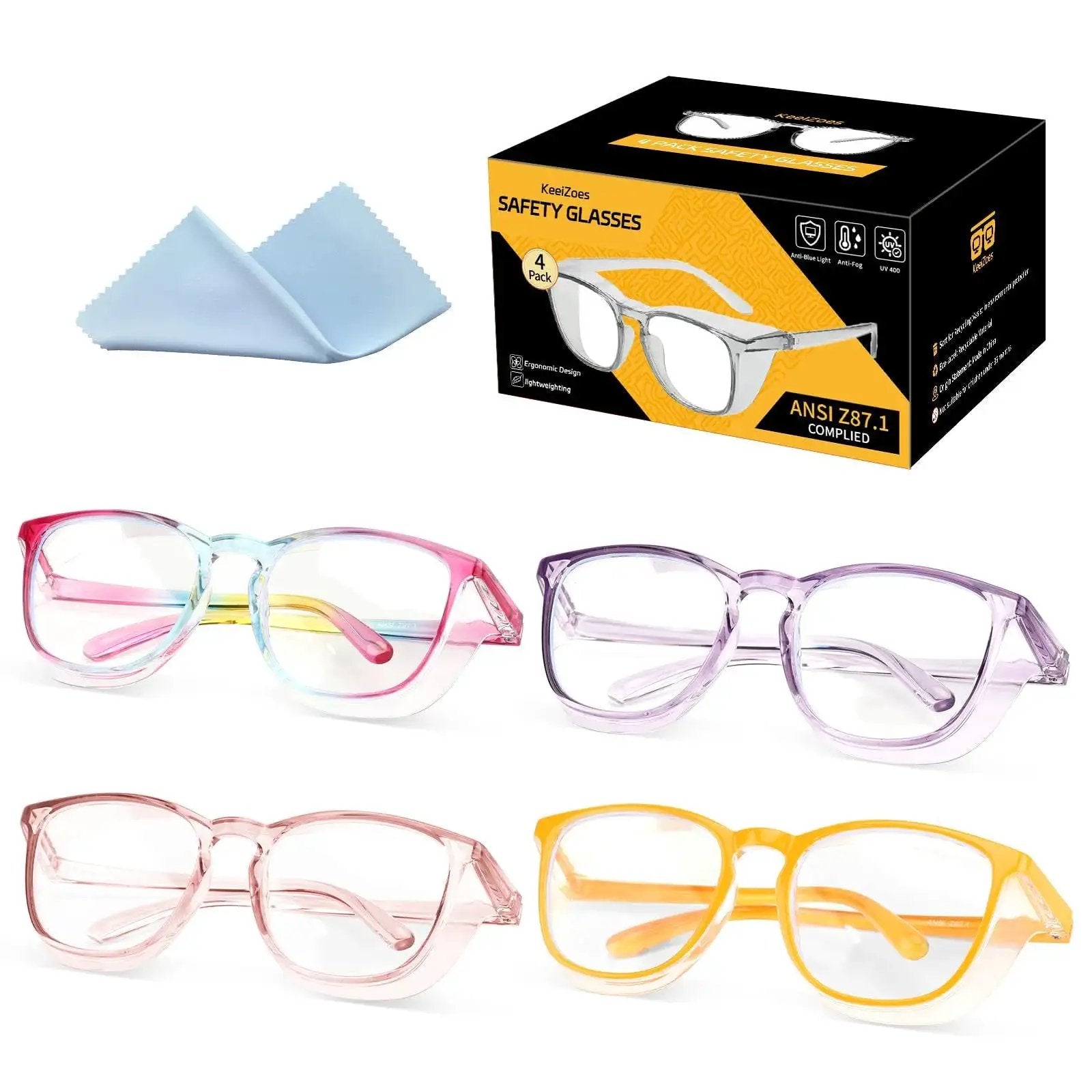 4-pack of women's safety glasses, anti-fog UV blue light blocking goggles in various colors, with cleaning cloth and box packaging.