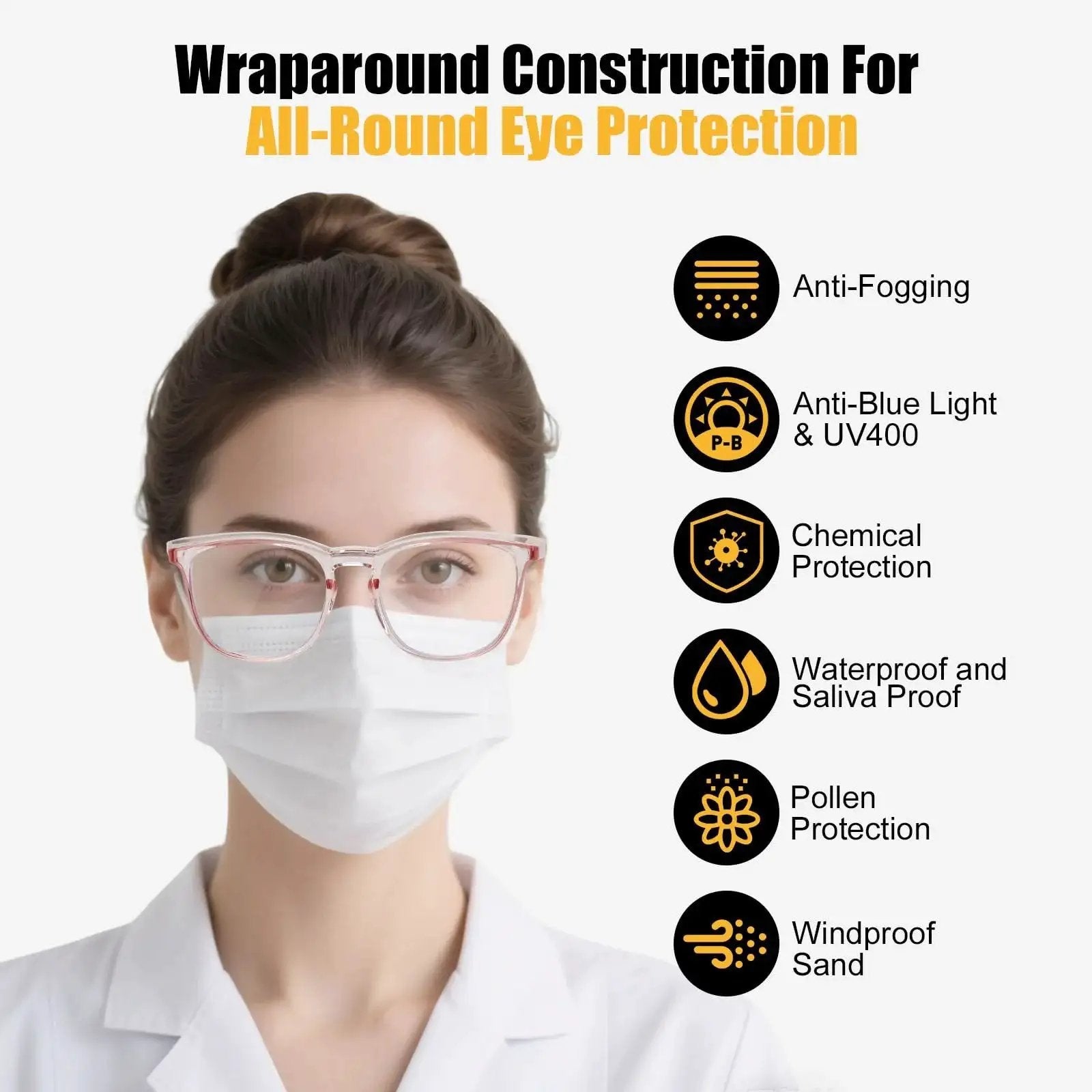 Woman wearing Women Safety Glasses Anti Fog UV Blue Light Blocking Eye Protection Goggles with mask, showcasing protection features.