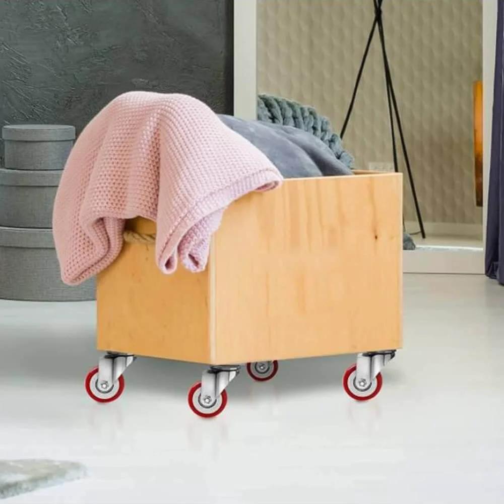Wooden box with blankets on heavy duty swivel and rigid caster wheels with brakes, showing polyurethane casters and steel bracket design.