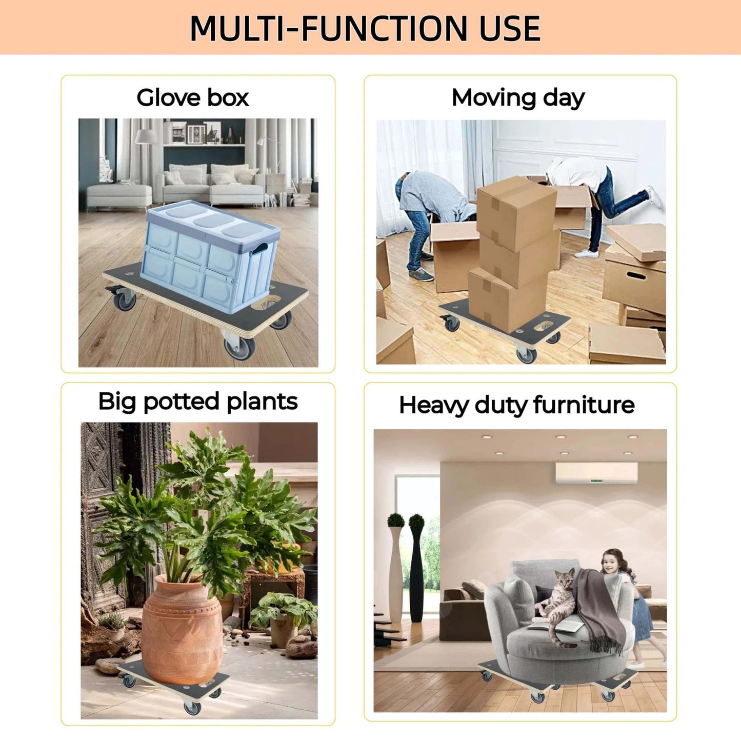 Heavy duty wood furniture dolly set of 2 with 4 wheels, 2200 lb static load capacity, moving boxes, plants, and furniture.
