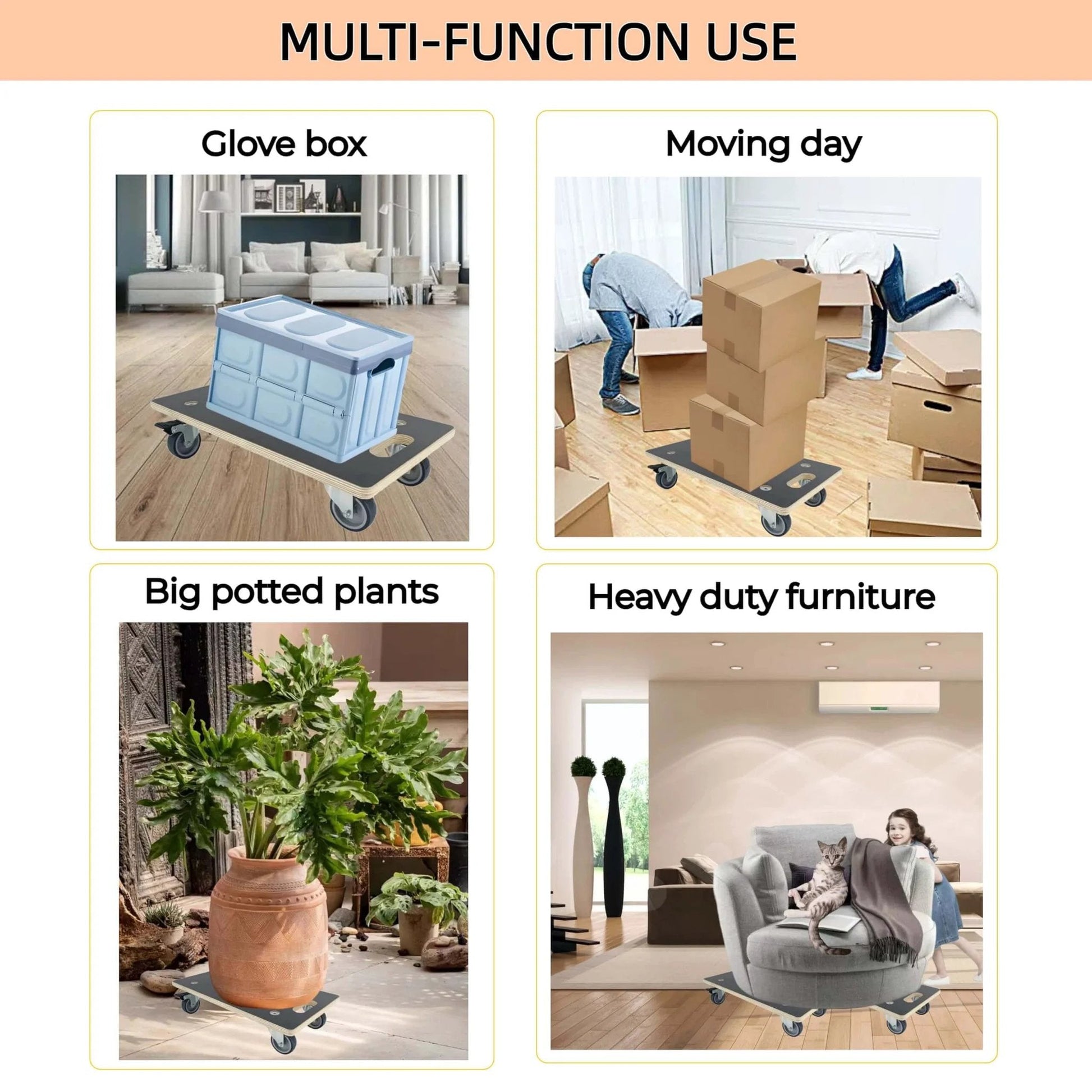 Heavy duty wood furniture dolly set of 2 with 4 wheels, 2200 lb static load capacity, moving boxes, plants, and furniture.