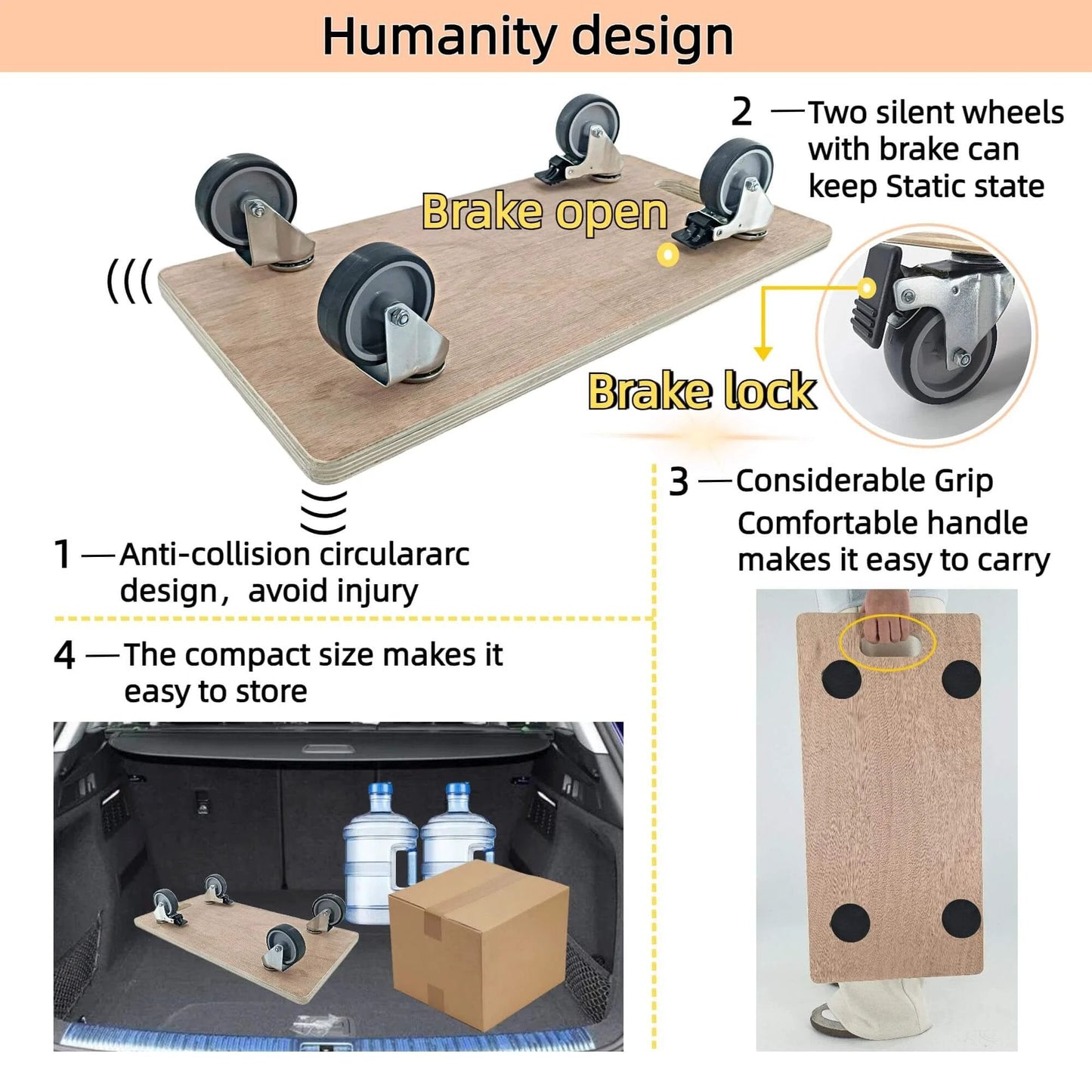 Heavy duty real wood furniture dolly set of 2 with 4 wheels, 2200 lb static load capacity per pair, plywood platform and handle