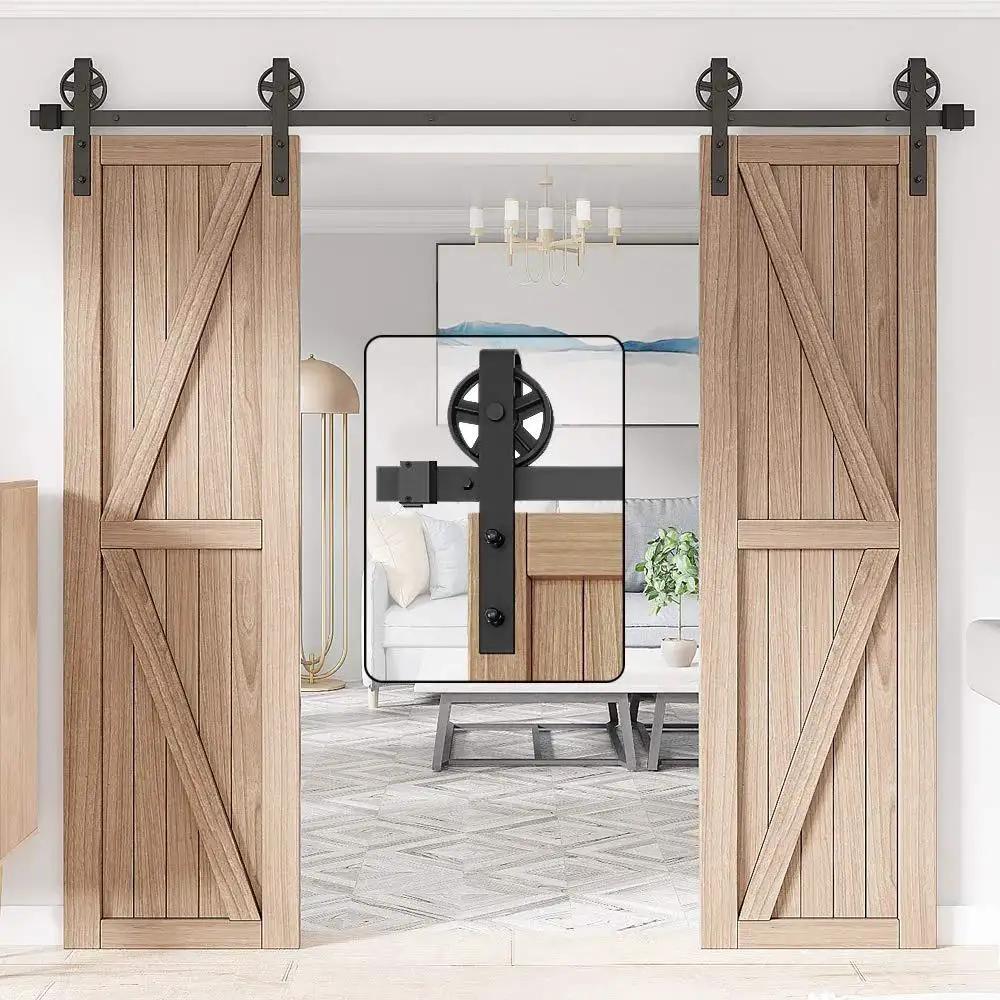 Premium Black Finish Wood Double Sliding Barn Door Hardware Kit With Big Spoke Wheel Rollers installed in living room