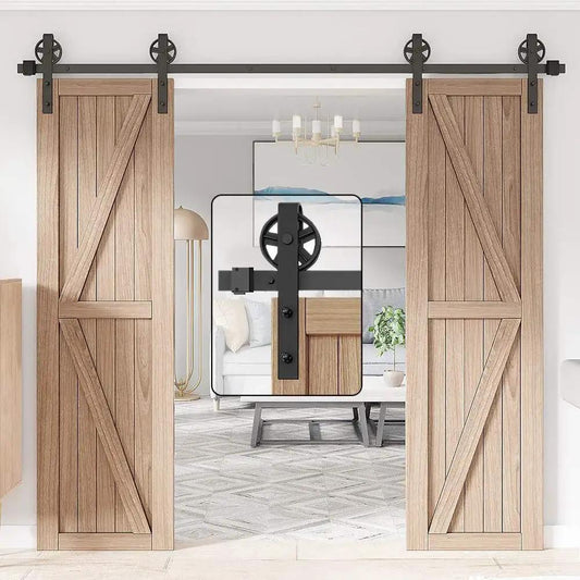 Premium Black Finish Wood Double Sliding Barn Door Hardware Kit With Big Spoke Wheel Rollers installed in living room