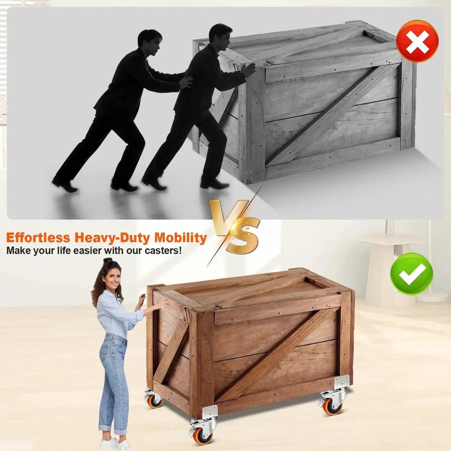 Comparison of a crate pushed by two people versus a crate on 3 Inch Side Mount Casters Set Of 4, L-Shape Heavy Duty Plate Casters With Brakes.