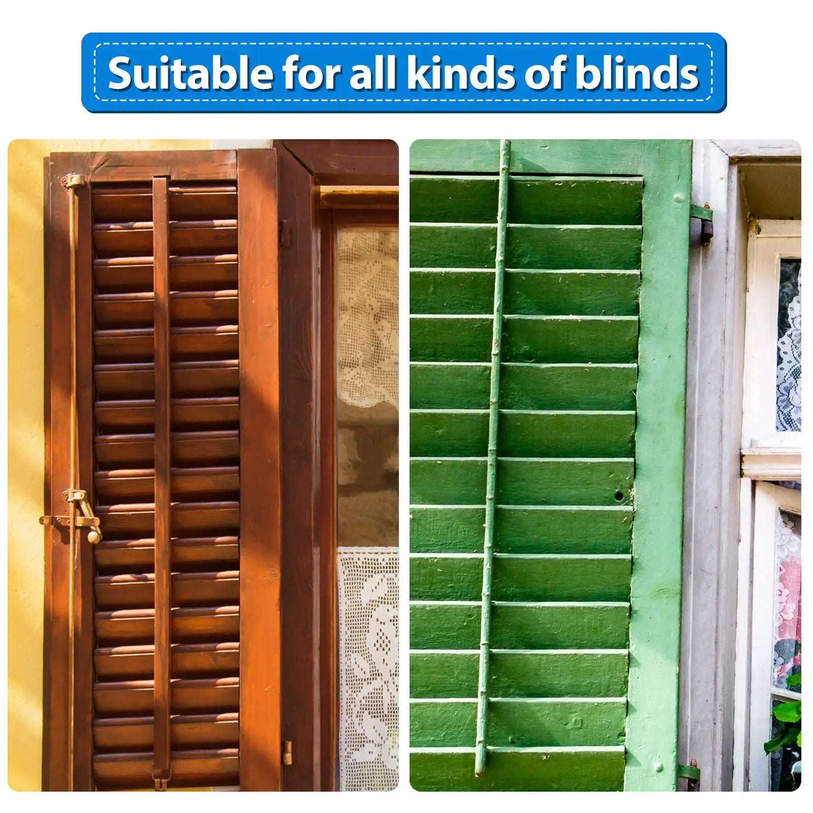 40 Piece Plantation Shutter Repair Kit With Replacement Louvers Staples For Window Blinds shown on wood and green shutters