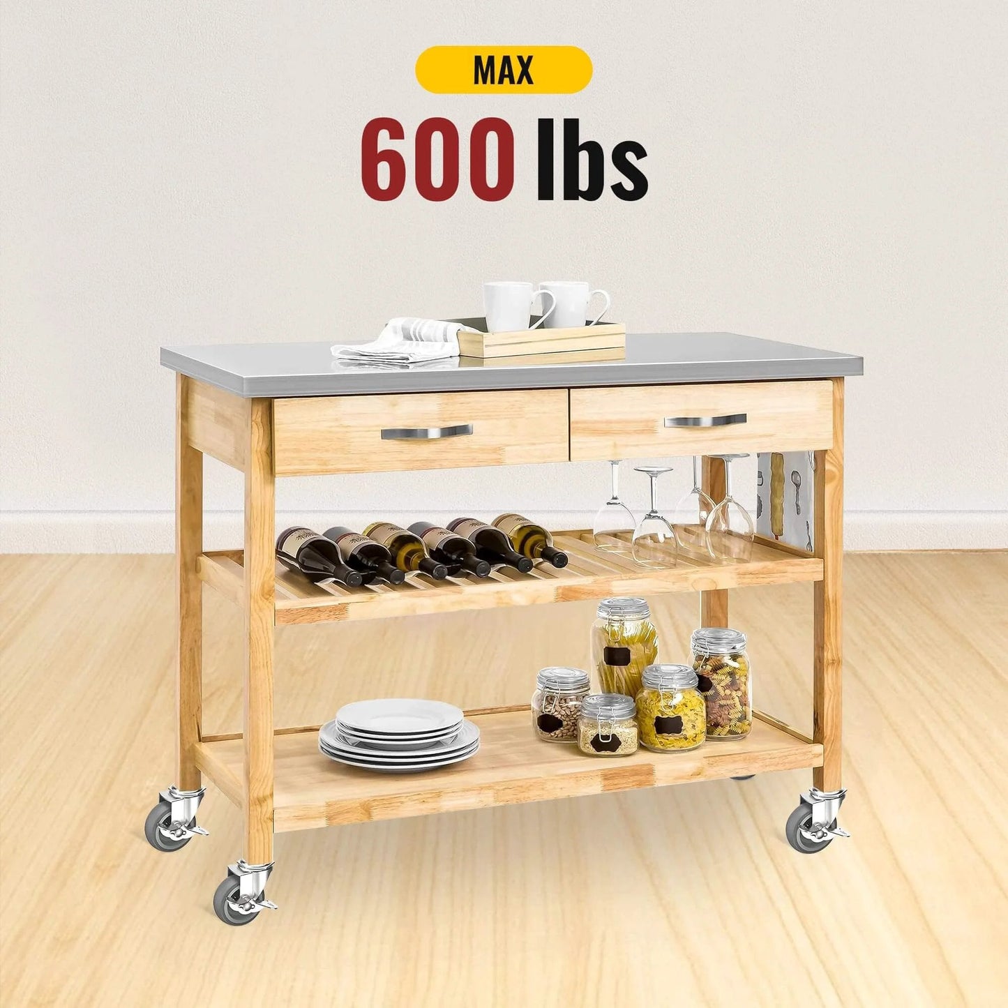 Wooden kitchen cart with 600 lbs capacity on 3 Inch Locking Caster Wheels Set of 4 with Threaded Stem 3/8-16 x 1-1/2.