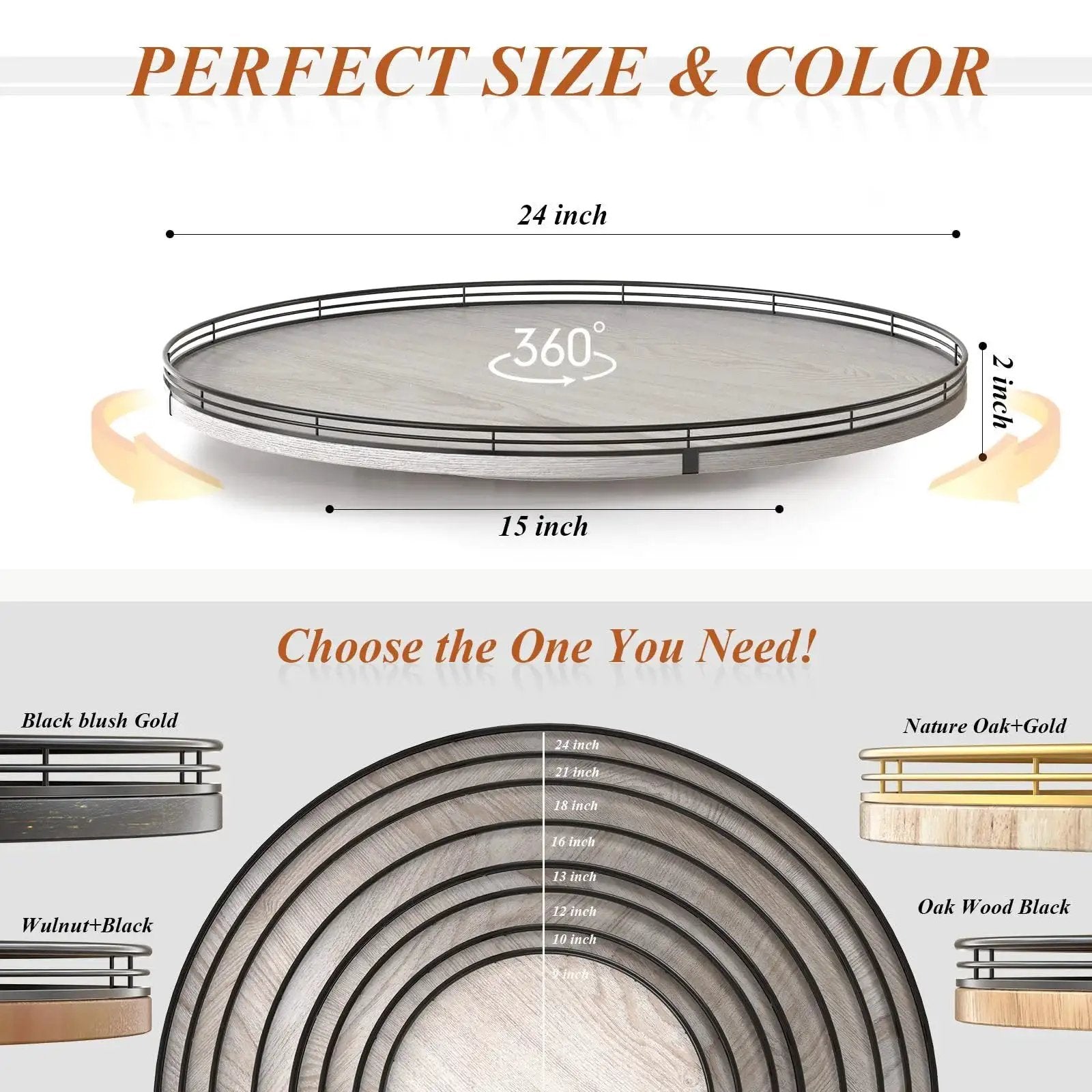 Illustration of 24 Inch Round Wooden Lazy Susan Turntable for Kitchen and Dining Room Organization with size and color options.