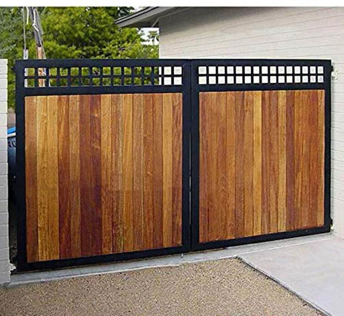 Wooden sliding gate with black metal frame using Pulley, Pulley Wheel, Sliding Gate Roller, Colour Galvanizing, Heavy Duty Casters.