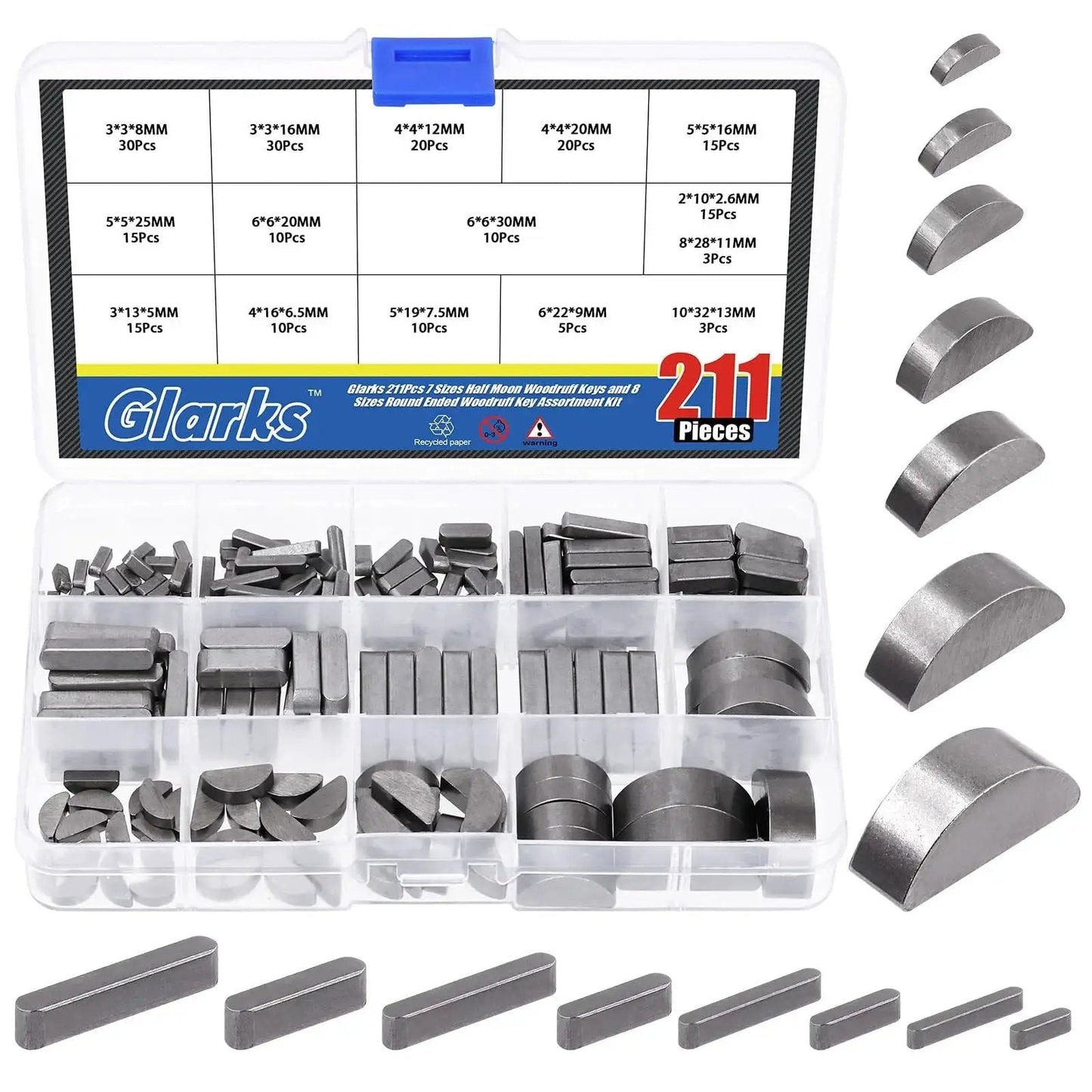 Woodruff Key And Feather Key Assortment Kit With Round Ended Keys 211 Pieces In 15 Sizes Stainless Steel Keystock in plastic case