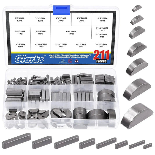Woodruff Key And Feather Key Assortment Kit With Round Ended Keys 211 Pieces In 15 Sizes Stainless Steel Keystock in plastic case