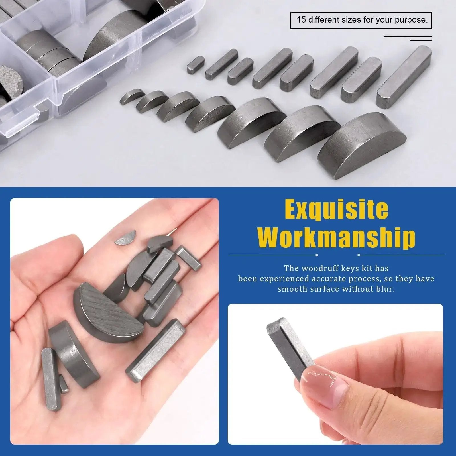 Woodruff Key And Feather Key Assortment Kit With Round Ended Keys 211 Pieces in 15 Sizes Stainless Steel Keystock close-up view