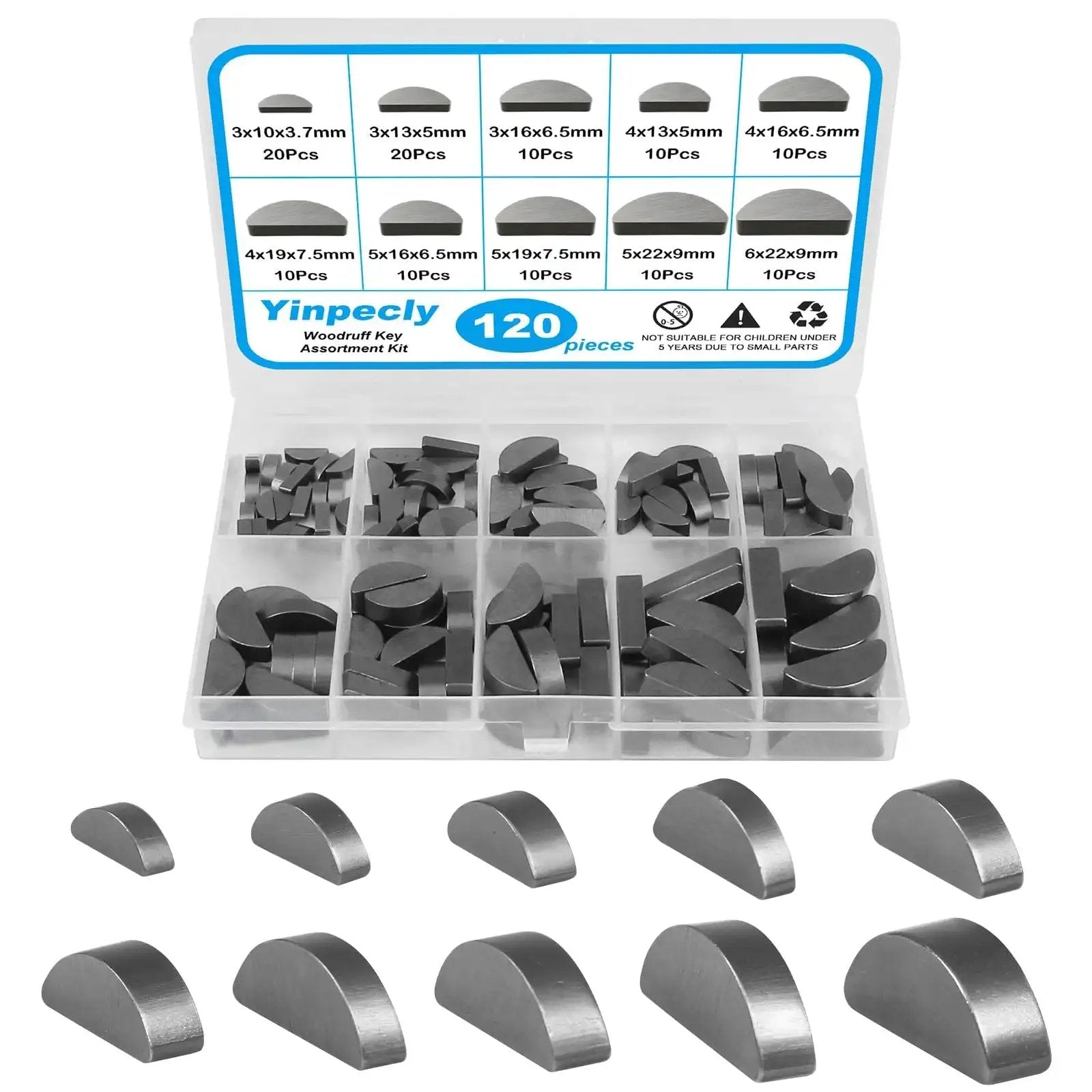 120 Piece Woodruff Key Set with 10 popular half moon sizes for metric keyway and key stock Yinpecly, shown in organized case.