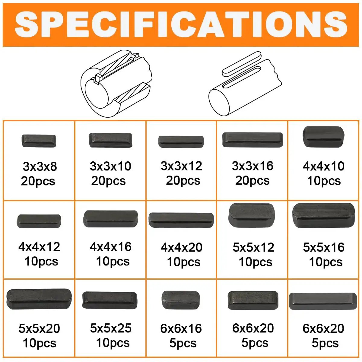 Woodruff Key Stock Set HaSaoMoi 175 Piece Stainless Steel Round Ended Feather Keys Kit Specifications Chart with Sizes and Quantities