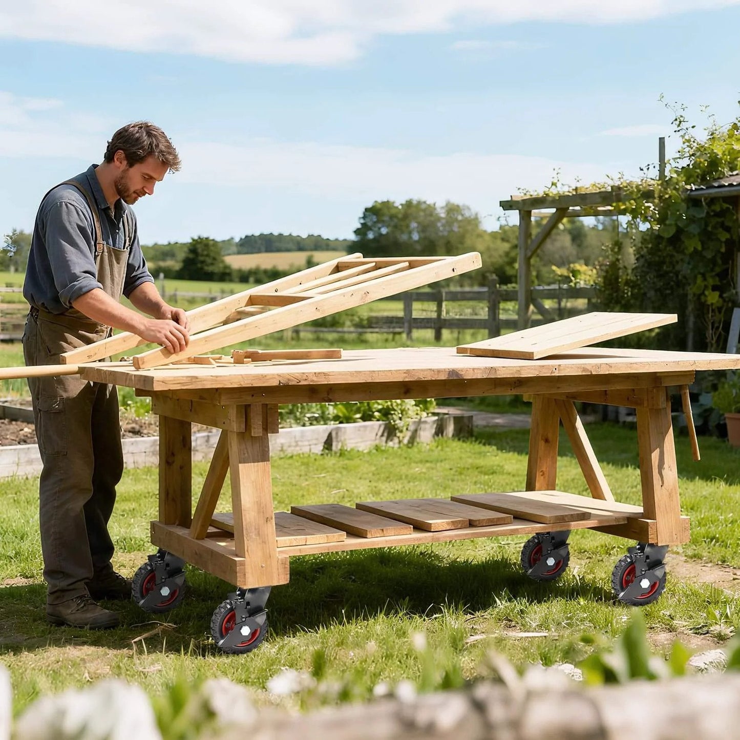 Man assembling wooden structure on outdoor workbench with 5 Inch Outdoor Heavy Duty Caster Wheels Set of 4 with Brakes.