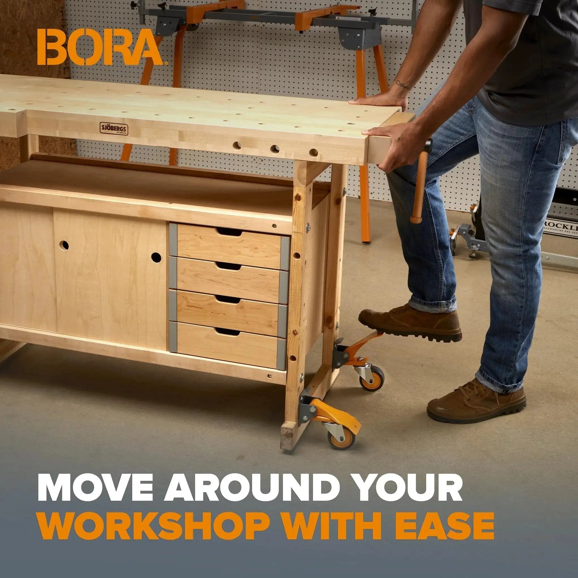 Person installing Heavy Duty Four Caster Workbench Mobility Kit With Locking Swivel Wheels And Metal Foot Brakes on a workbench