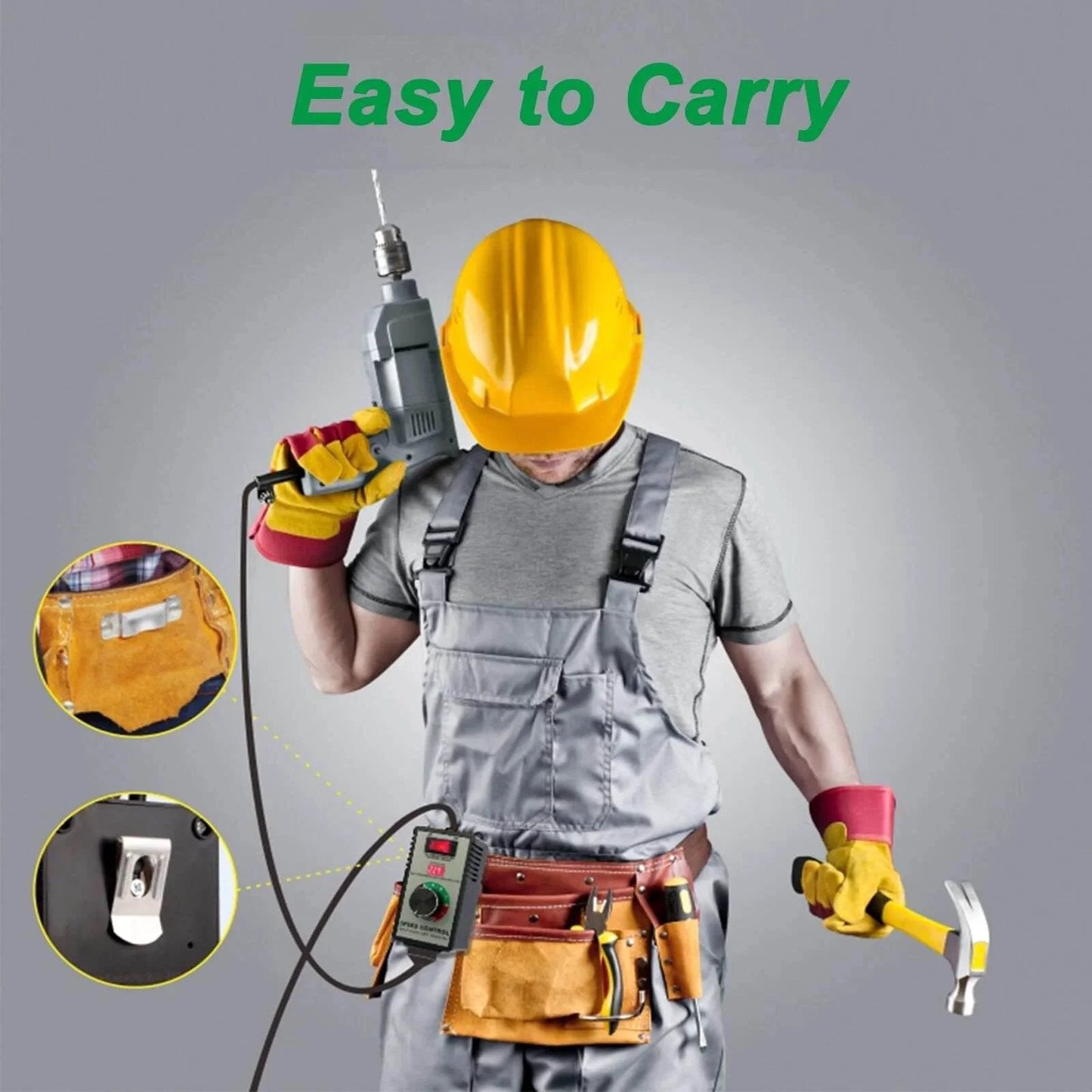 Worker holding a drill and hammer, wearing safety gear with an AC Motor Speed Controller 120V 15A Variable Speed Controller clipped to the tool belt.