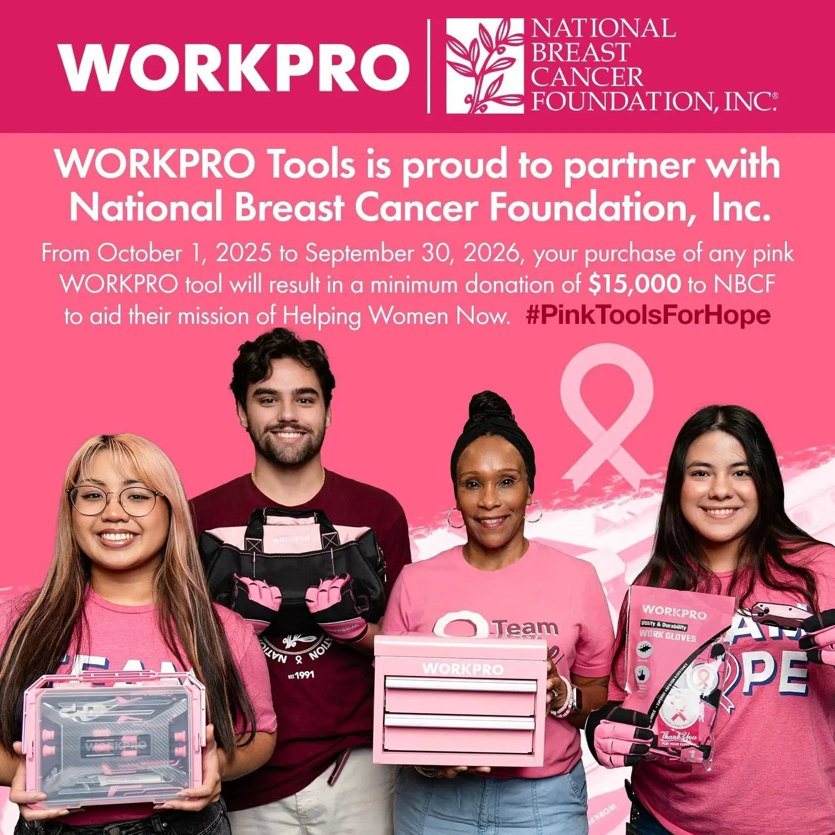 Group of people holding pink WORKPRO tools, promoting partnership with National Breast Cancer Foundation, pink ribbon in background.