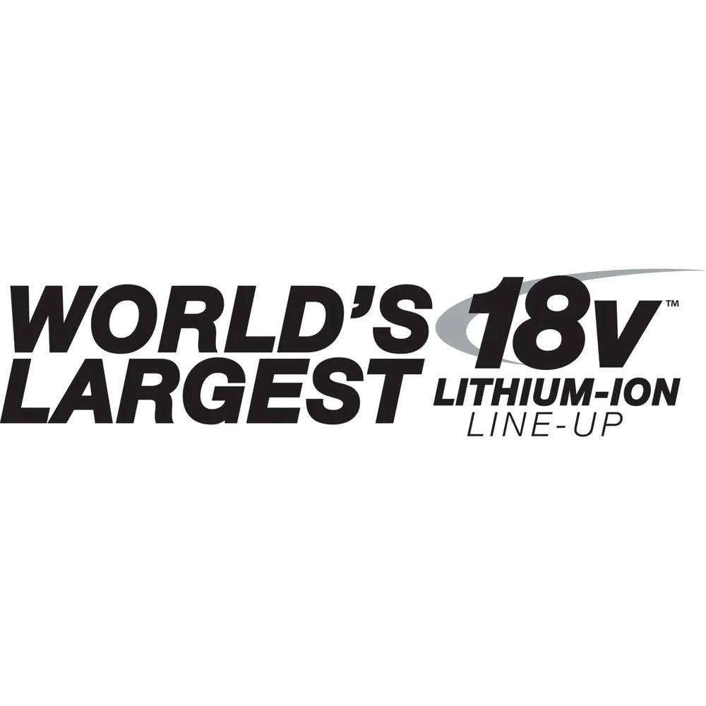Logo featuring text 'WORLD'S LARGEST 18V LITHIUM-ION LINE-UP' promoting a battery line-up.
