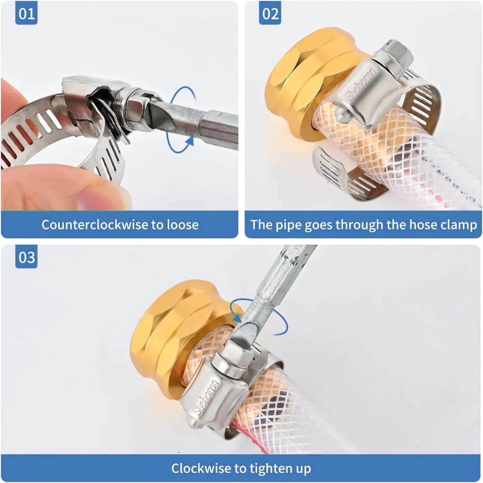 12 Pack 304 Stainless Steel SAE 24 Worm Gear Hose Clamps Adjustable From 1 And 1 Sixteenth Inch To 2 Inches Ideal For Automotive Marine Plumbing And Industrial Applications Corrosion Resistant Band Clamp Set installed on pipe showing tightening process.