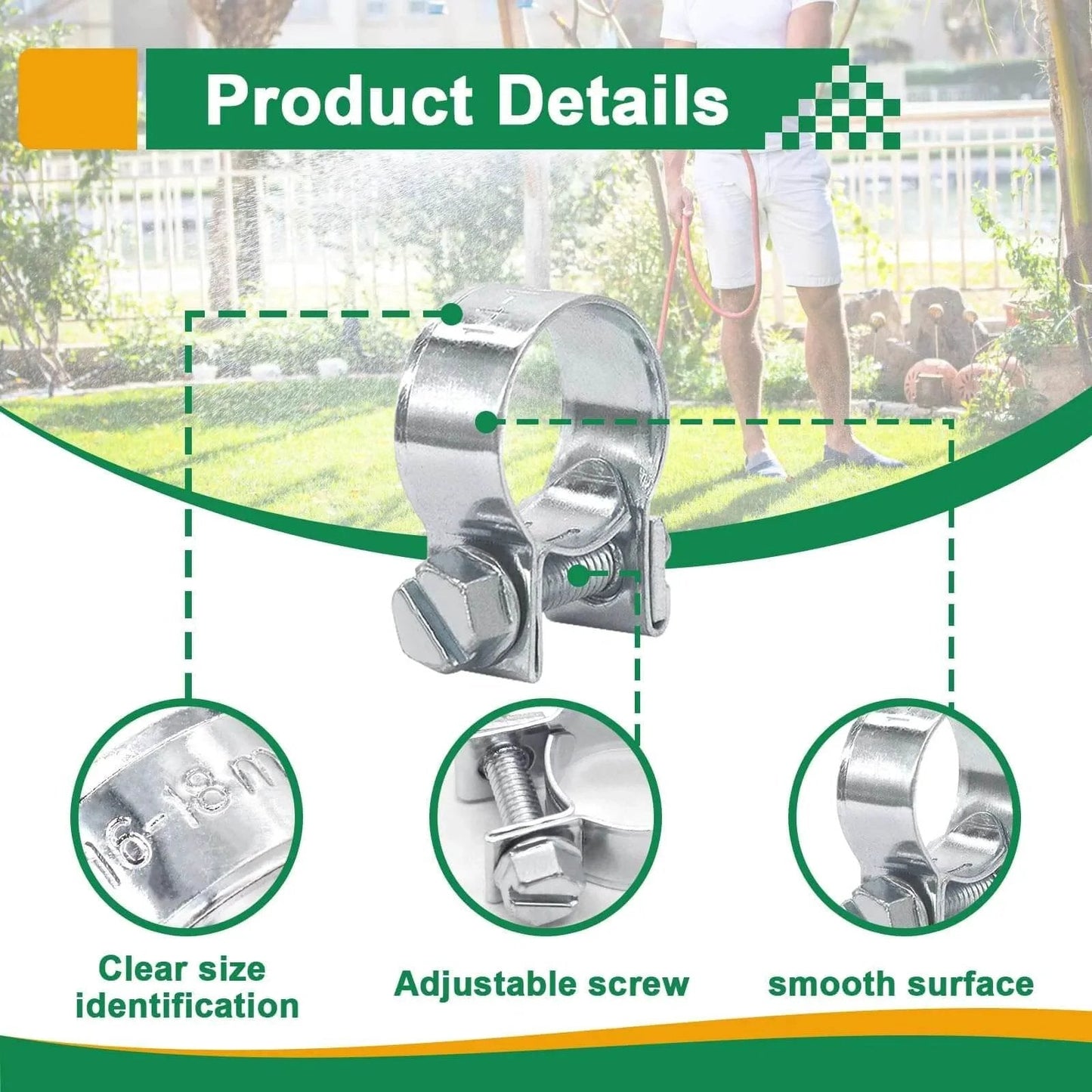 Close-up view of 34 Piece Worm Gear Hose Clamp Kit 8 To 18mm Range In Five Sizes One Quarter To Five Eighth Inch Heavy Duty Automotive Diesel Petrol Hose Clamps Zinc Plated Corrosion Resistant with adjustable screw display.