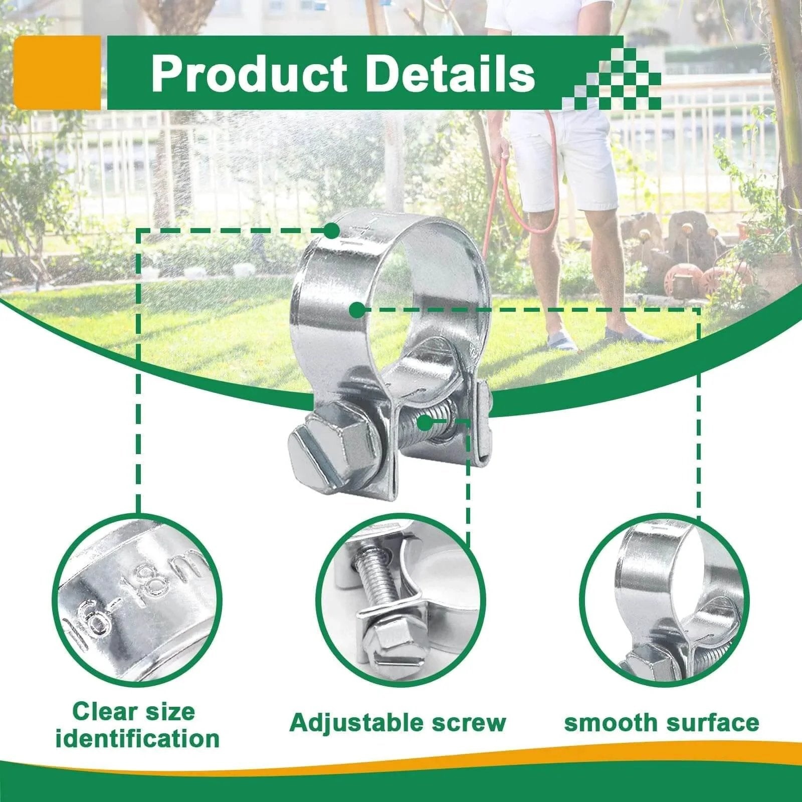Close-up view of 34 Piece Worm Gear Hose Clamp Kit 8 To 18mm Range In Five Sizes One Quarter To Five Eighth Inch Heavy Duty Automotive Diesel Petrol Hose Clamps Zinc Plated Corrosion Resistant with adjustable screw display.