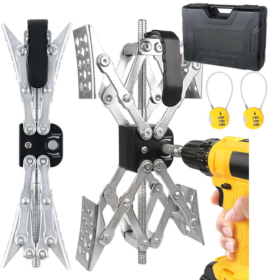 X Shaped RV Stabilizer Wheel Chock For Dual Axle Travel Trailers And Campers With Drill Adjust, shown with drill and case