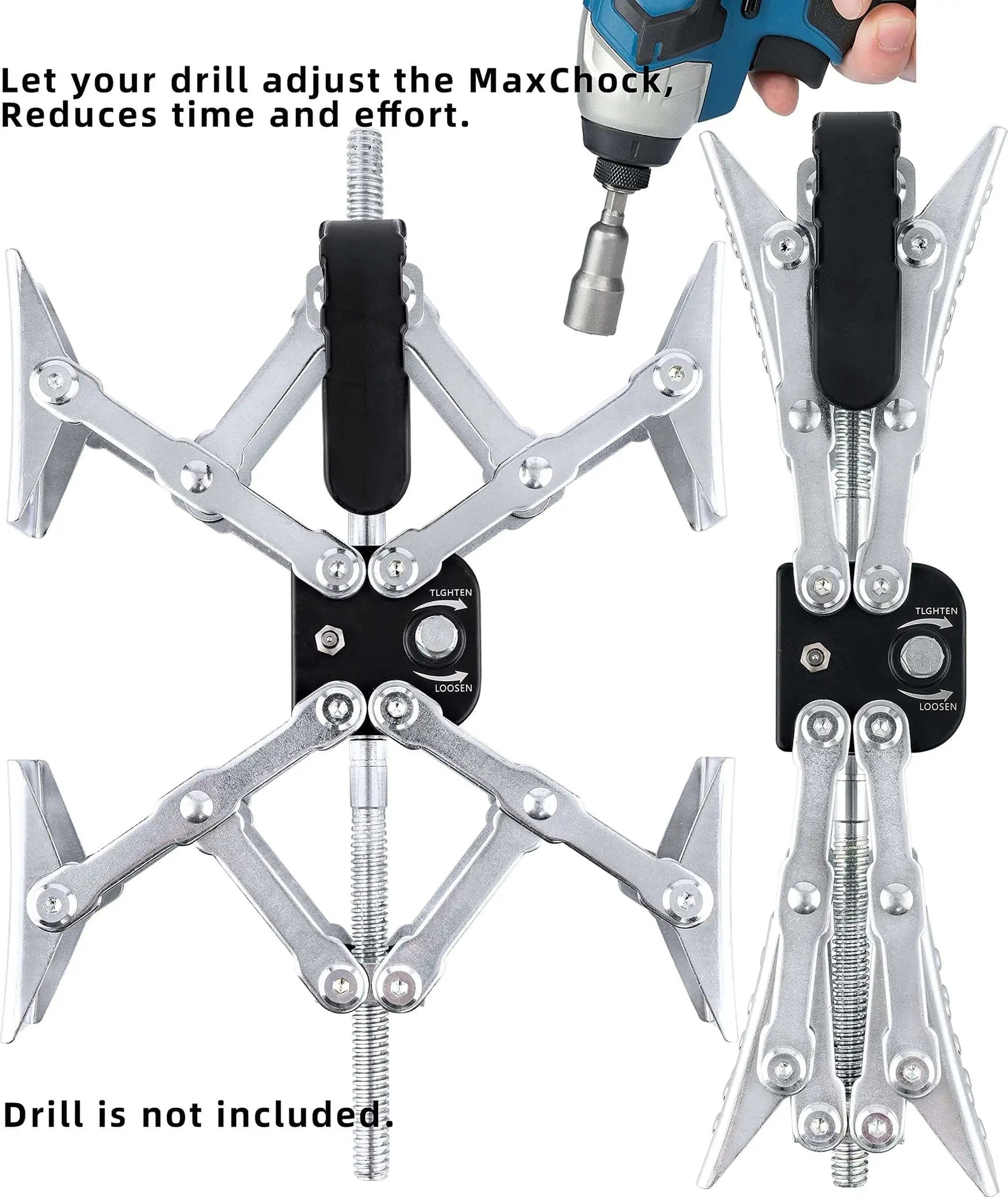 X Shaped RV Stabilizer Wheel Chock for Dual Axle Travel Trailers and Campers with Drill Adjust shown with a power drill