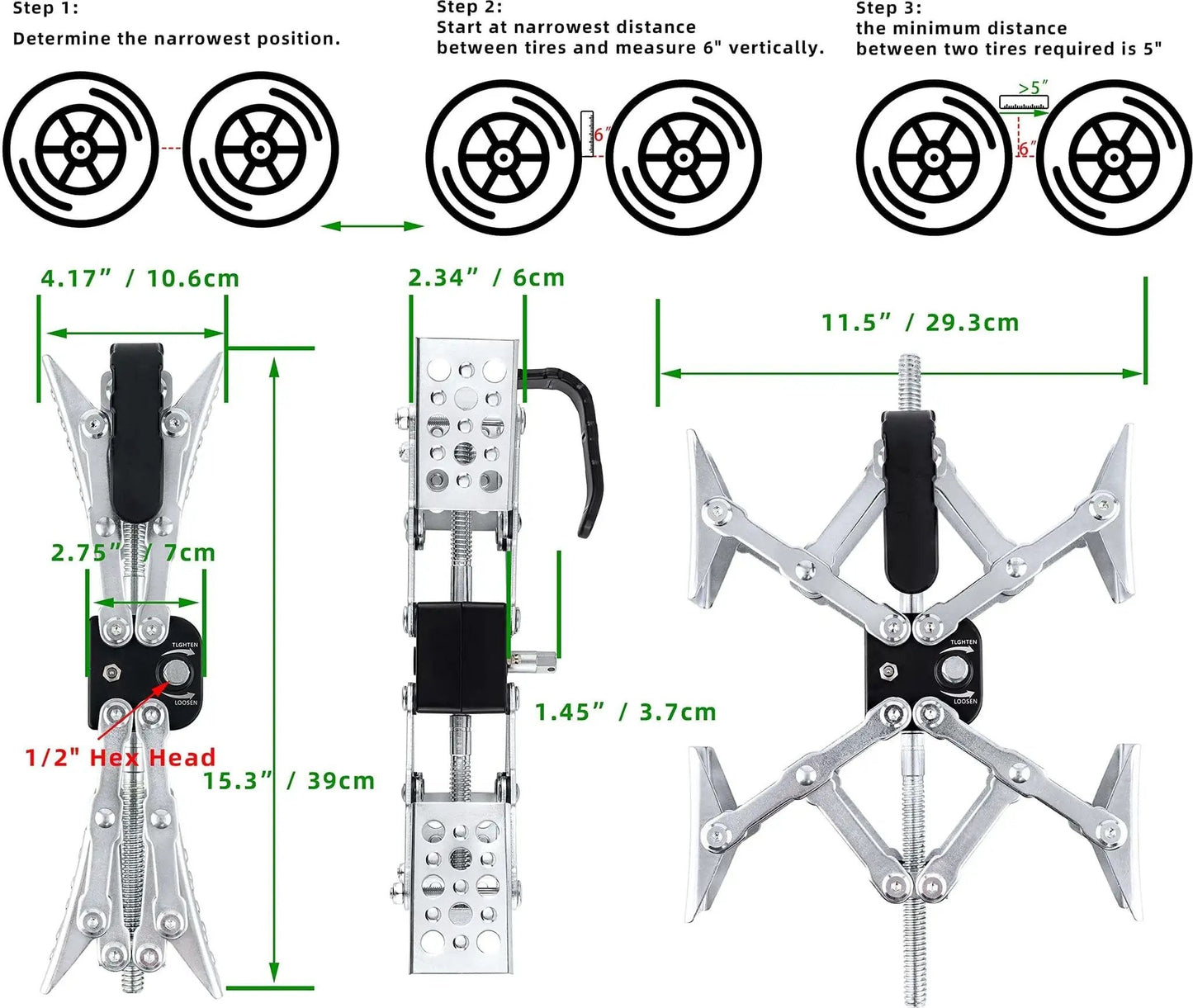 X Shaped RV Stabilizer Wheel Chock For Dual Axle Travel Trailers And Campers With Drill Adjust, showing dimensions and installation steps.
