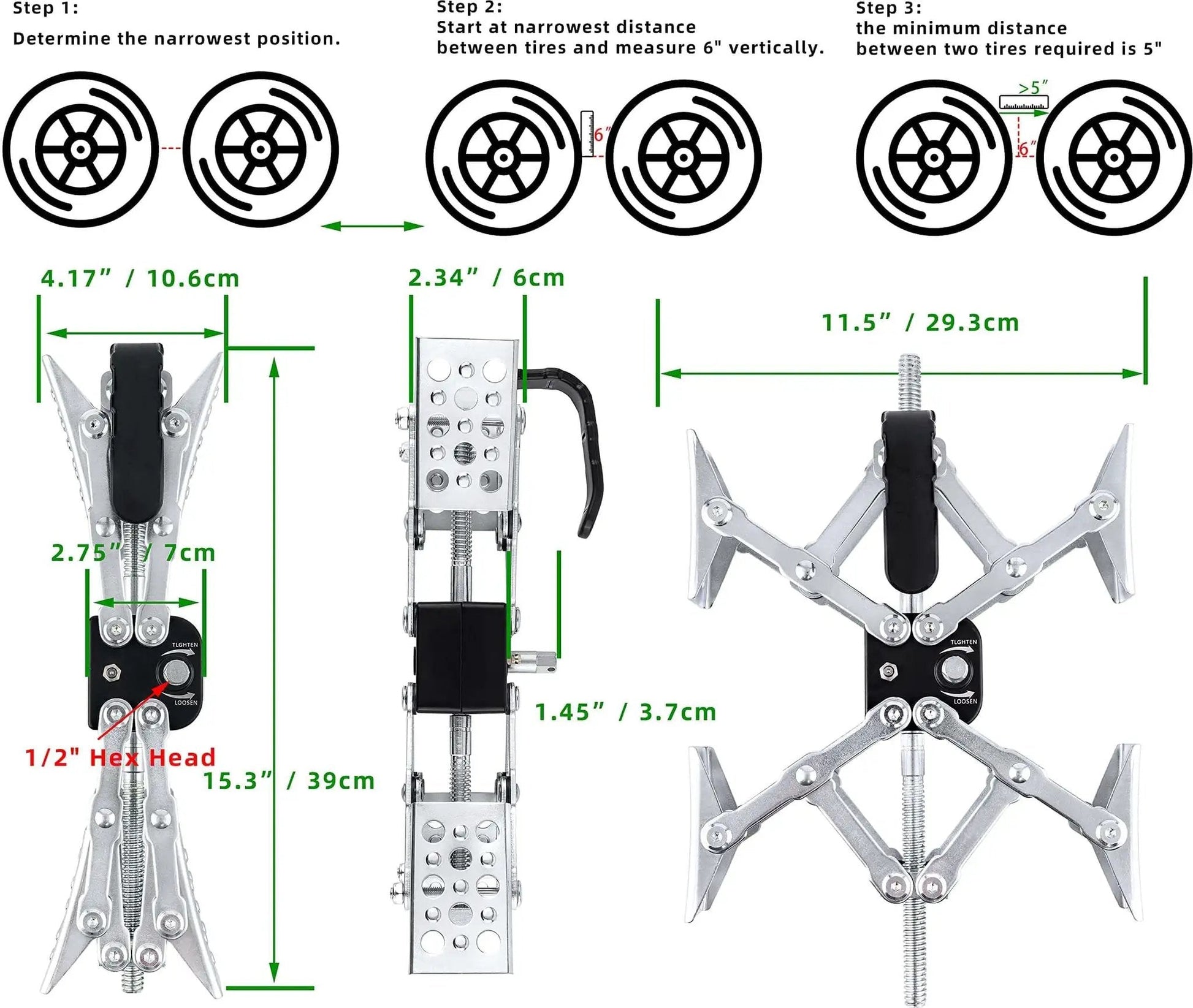 X Shaped RV Stabilizer Wheel Chock For Dual Axle Travel Trailers And Campers With Drill Adjust, showing dimensions and installation steps.