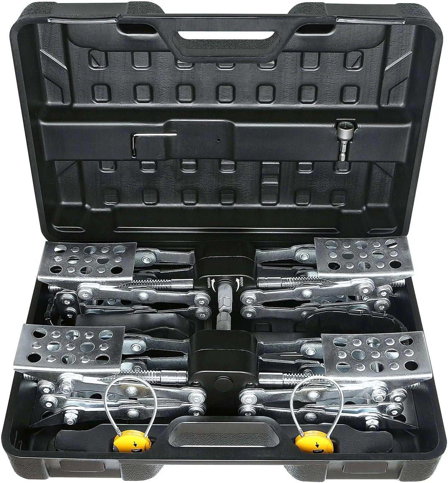 X Shaped RV Stabilizer Wheel Chock For Dual Axle Travel Trailers And Campers With Drill Adjust, set in hard carrying case