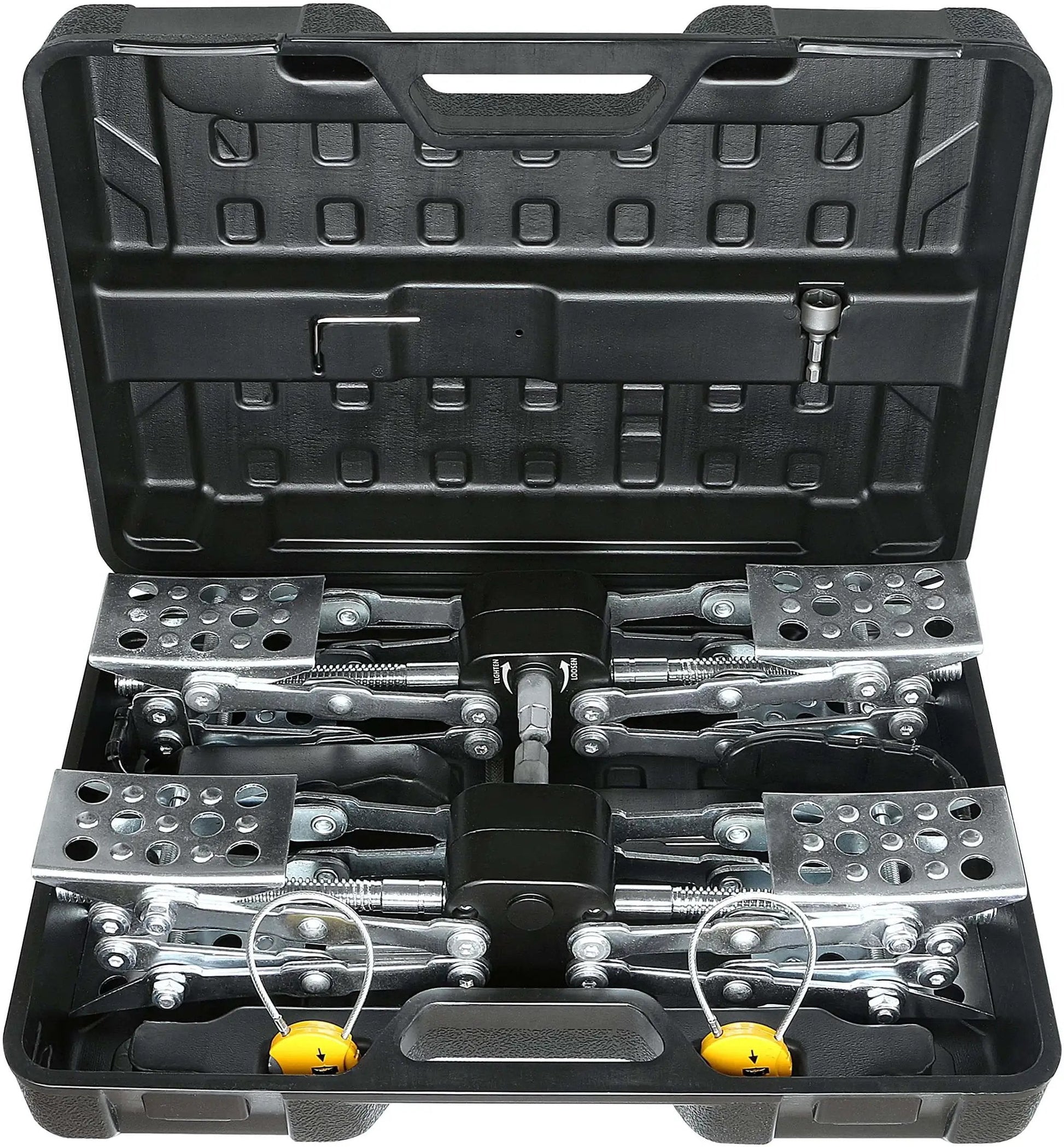 X Shaped RV Stabilizer Wheel Chock For Dual Axle Travel Trailers And Campers With Drill Adjust, set in hard carrying case