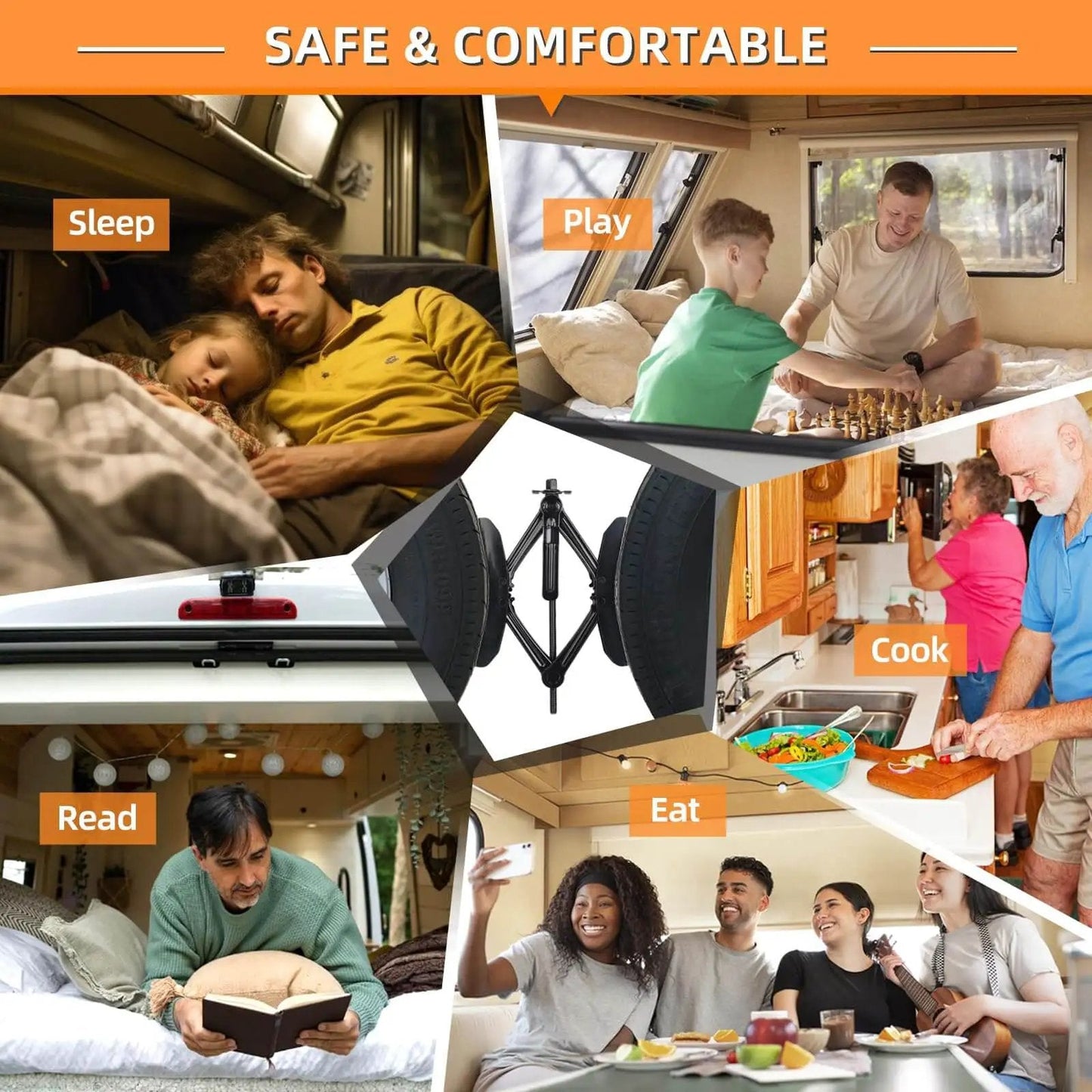 Lifestyle collage with Durable X Shaped RV Tire Stabilizer For Dual Axle Travel Trailers And Campers OULEME Anti Move Wheel Wedge.