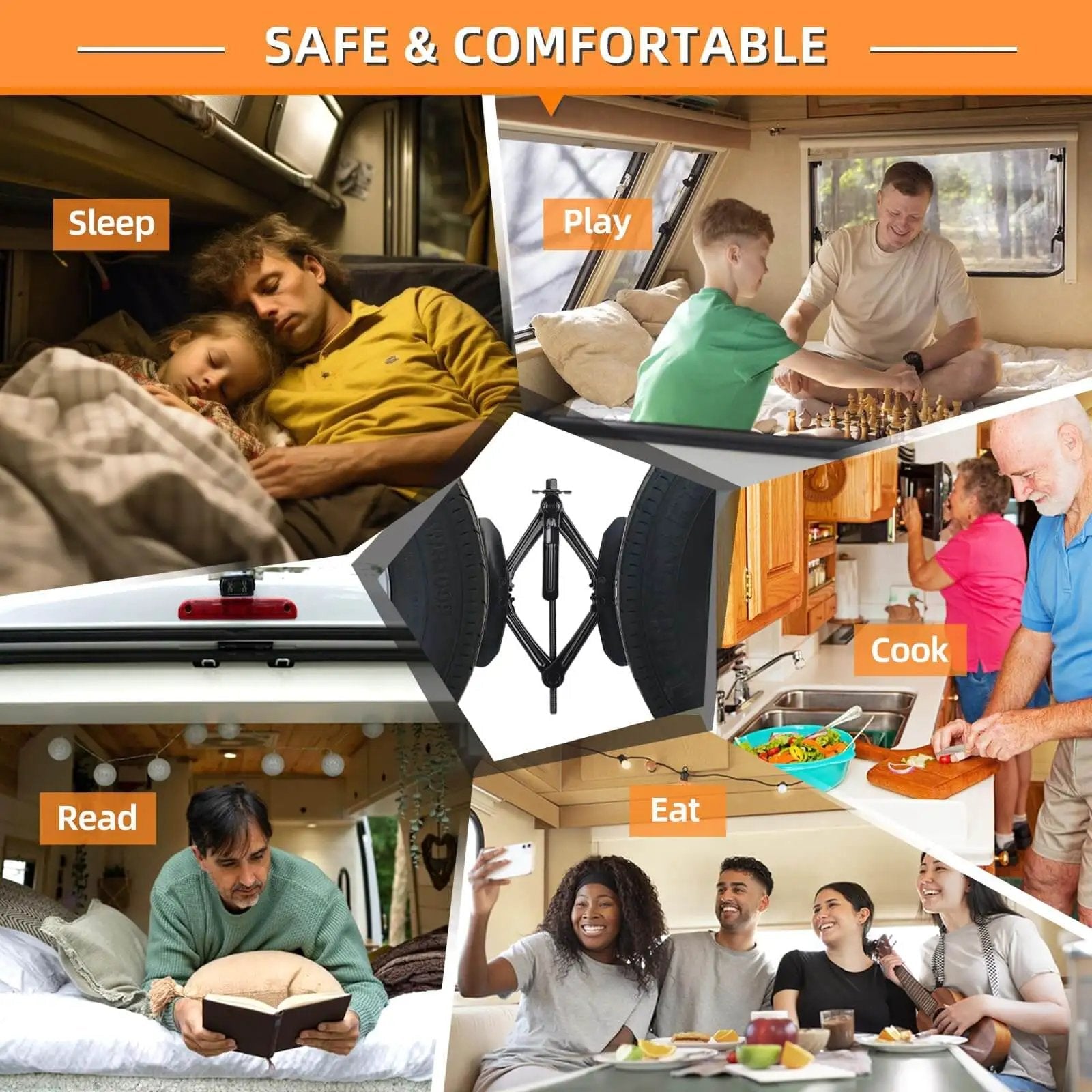 Lifestyle collage with Durable X Shaped RV Tire Stabilizer For Dual Axle Travel Trailers And Campers OULEME Anti Move Wheel Wedge.