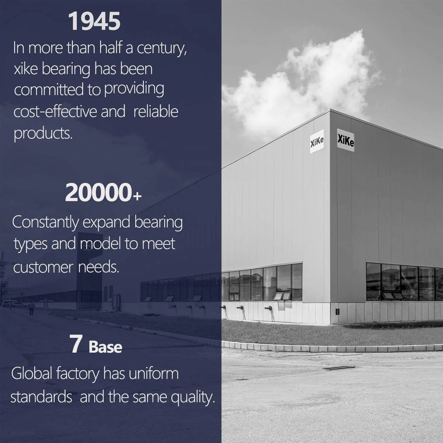 Exterior view of Xike factory building with text on company history and production capabilities since 1945.