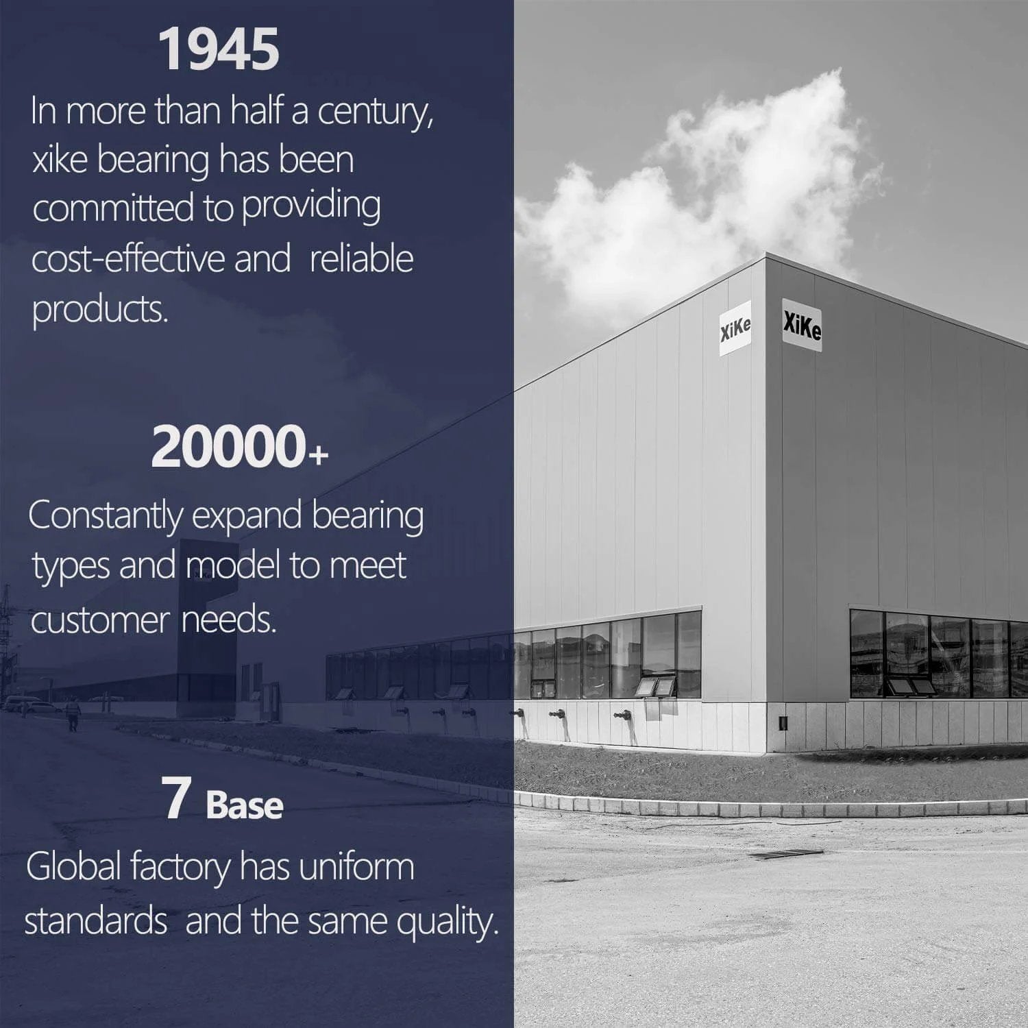 Exterior view of Xike factory building with text on company history and production capabilities since 1945.