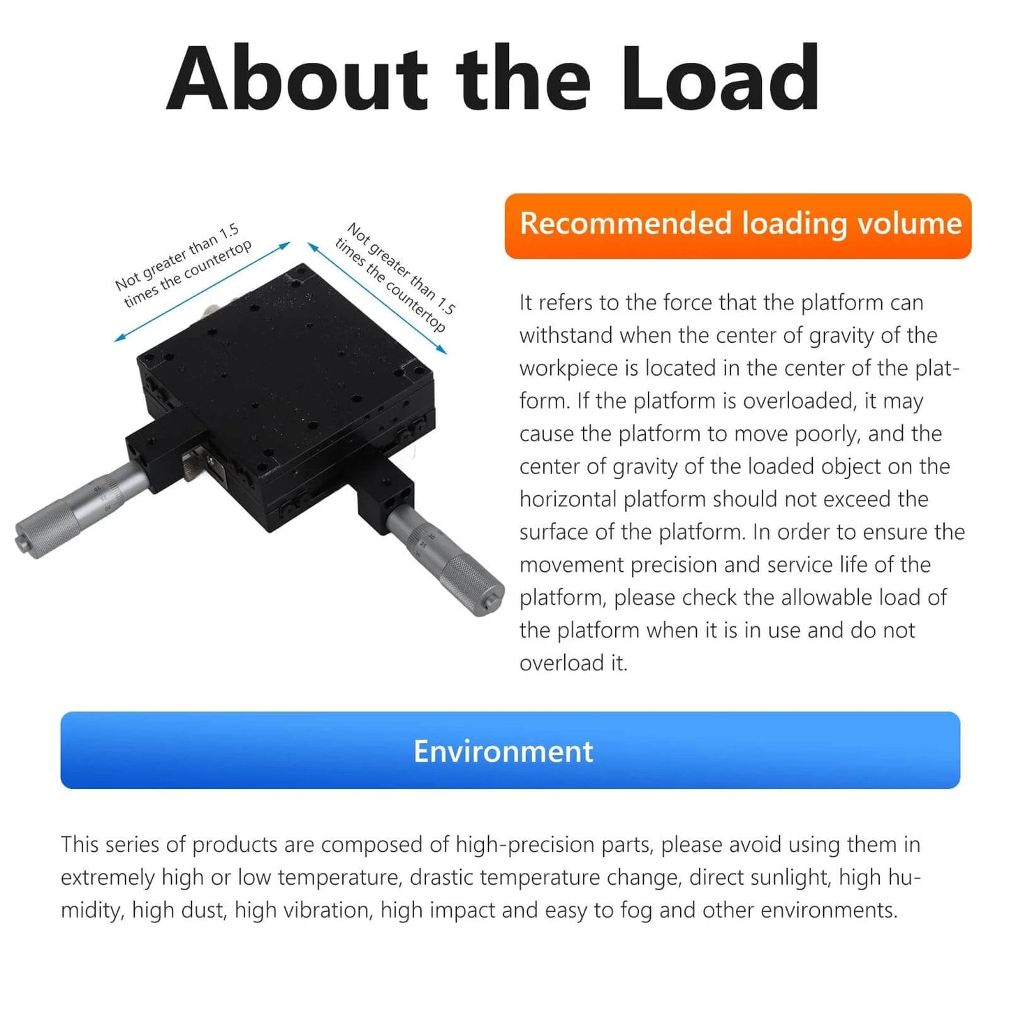 Load specifications for XY Linear Stage, Keenso SEMY100-AC Micrometer Manual Precision Linear Translation Stage with guidelines.