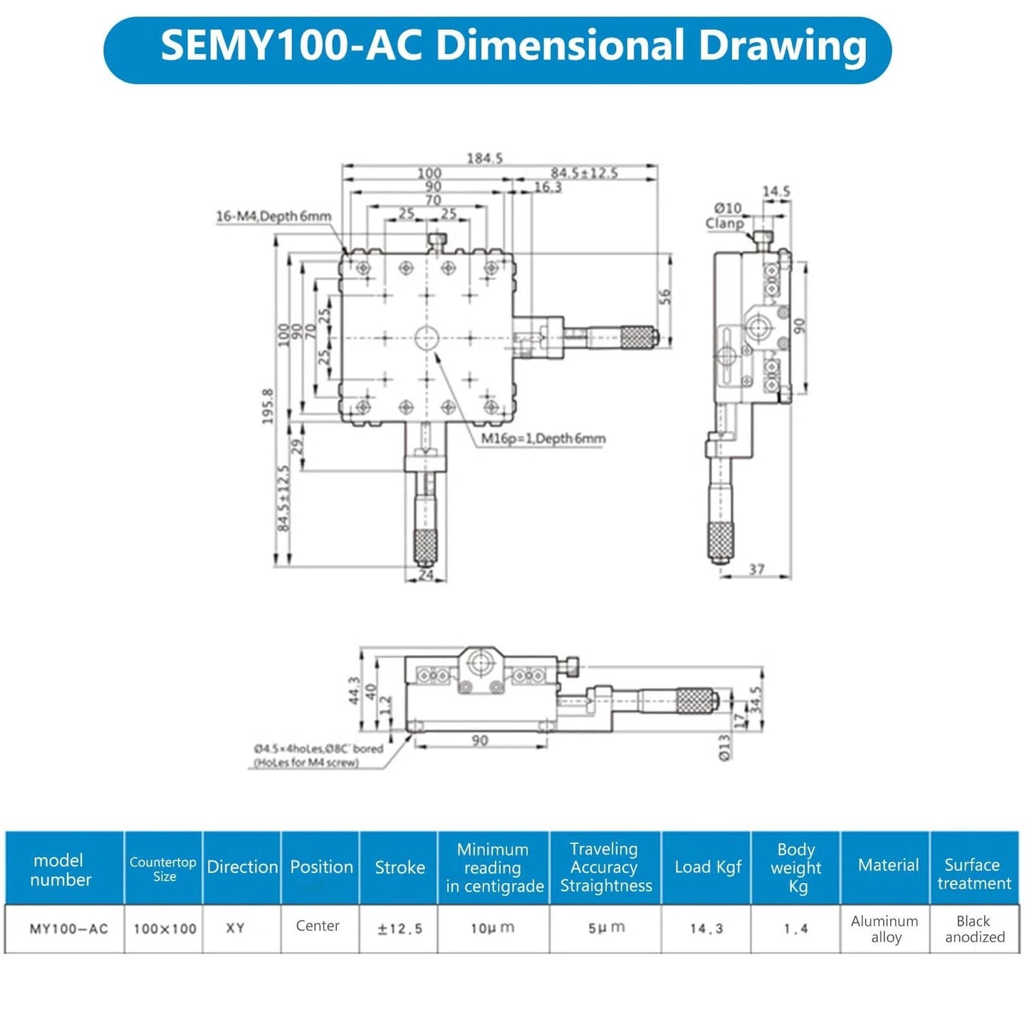 Dimensional drawing of ✝️ XY Linear Stage, Keenso SEMY100-AC Micrometer Manual Precision Linear Translation Stage