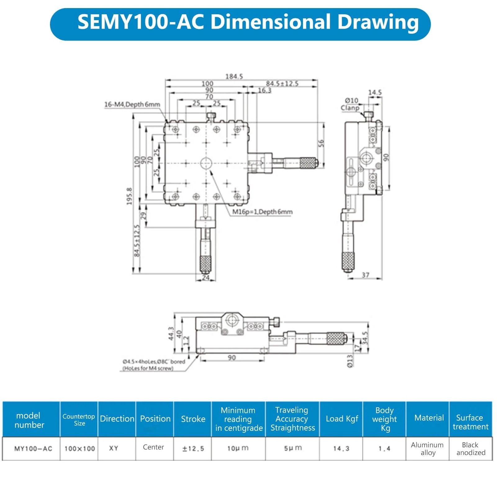 Dimensional drawing of ✝️ XY Linear Stage, Keenso SEMY100-AC Micrometer Manual Precision Linear Translation Stage