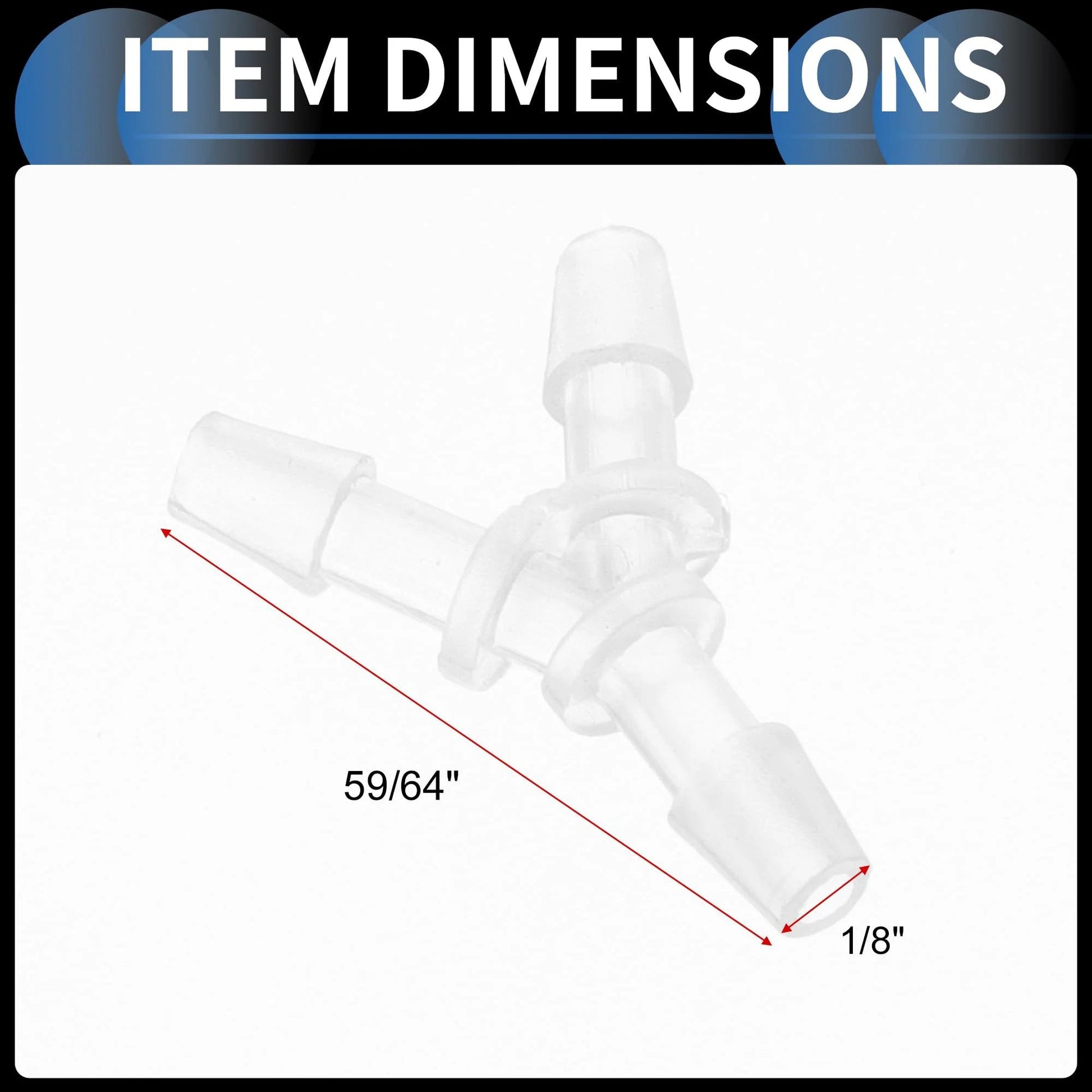 Close-up of Three Way Car Vacuum Tubing Connector Kit Y Shaped One Eighth Inch Fittings translucent plastic with dimensions.